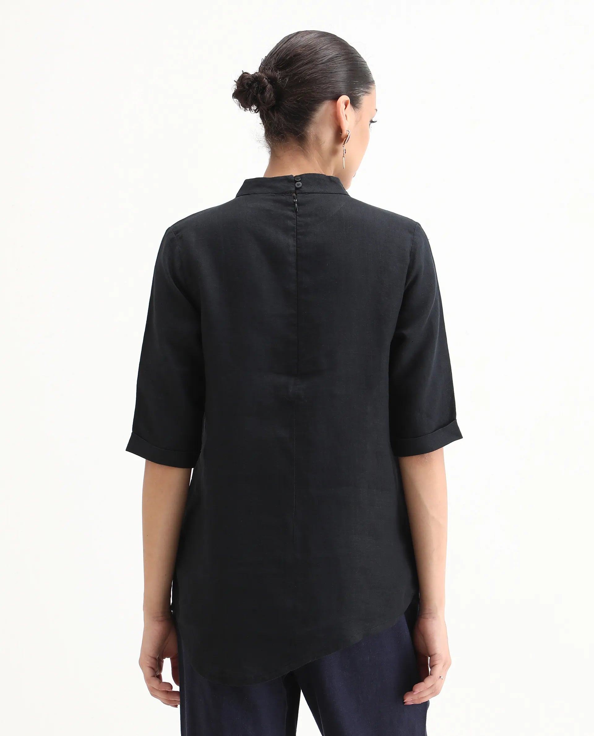 Rareism Womens Andrea Black Top Linen Fabric Regular Fit Full Sleeve High Neck