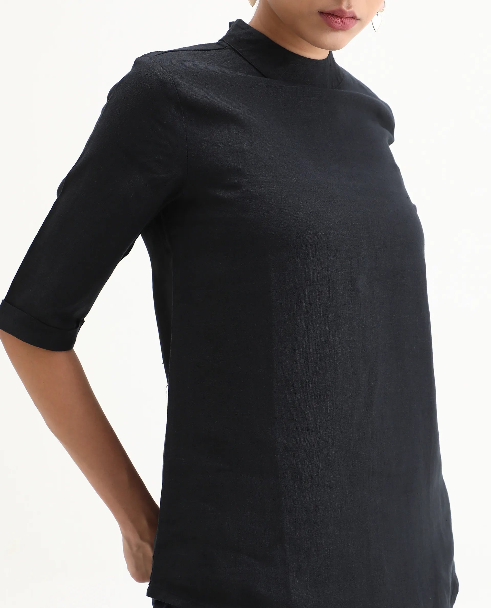 Rareism Womens Andrea Black Top Linen Fabric Regular Fit Full Sleeve High Neck