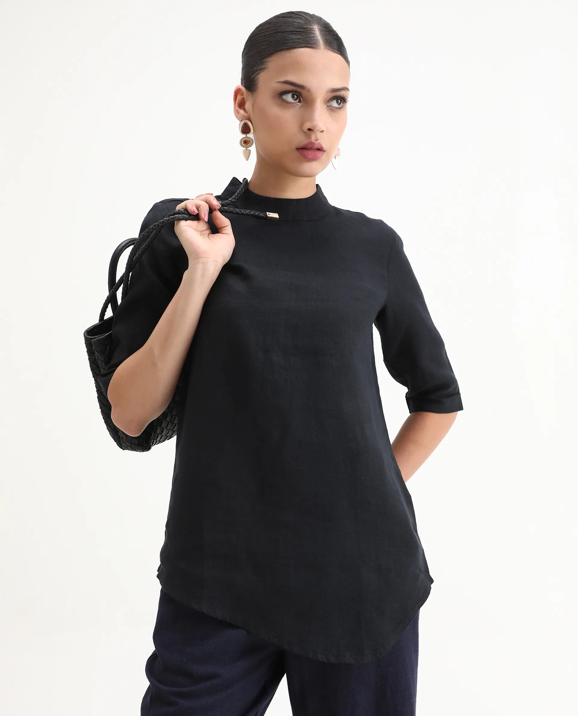 Rareism Womens Andrea Black Top Linen Fabric Regular Fit Full Sleeve High Neck