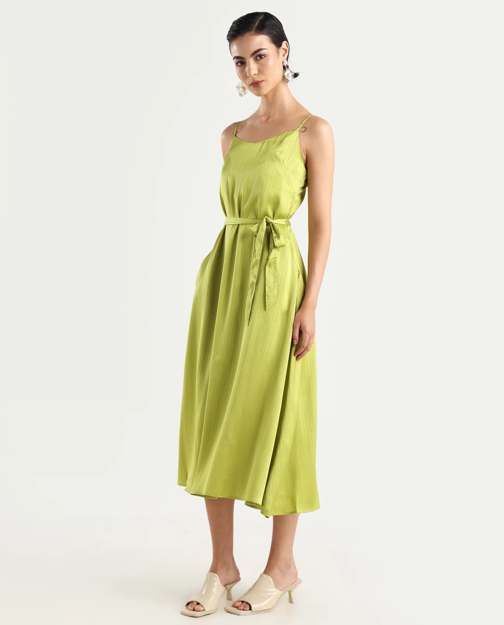 Rareism Women's Andrei Flouroscent Green Shoulder Strap Plain Shoulder Strap Maxi Bodycon Dress