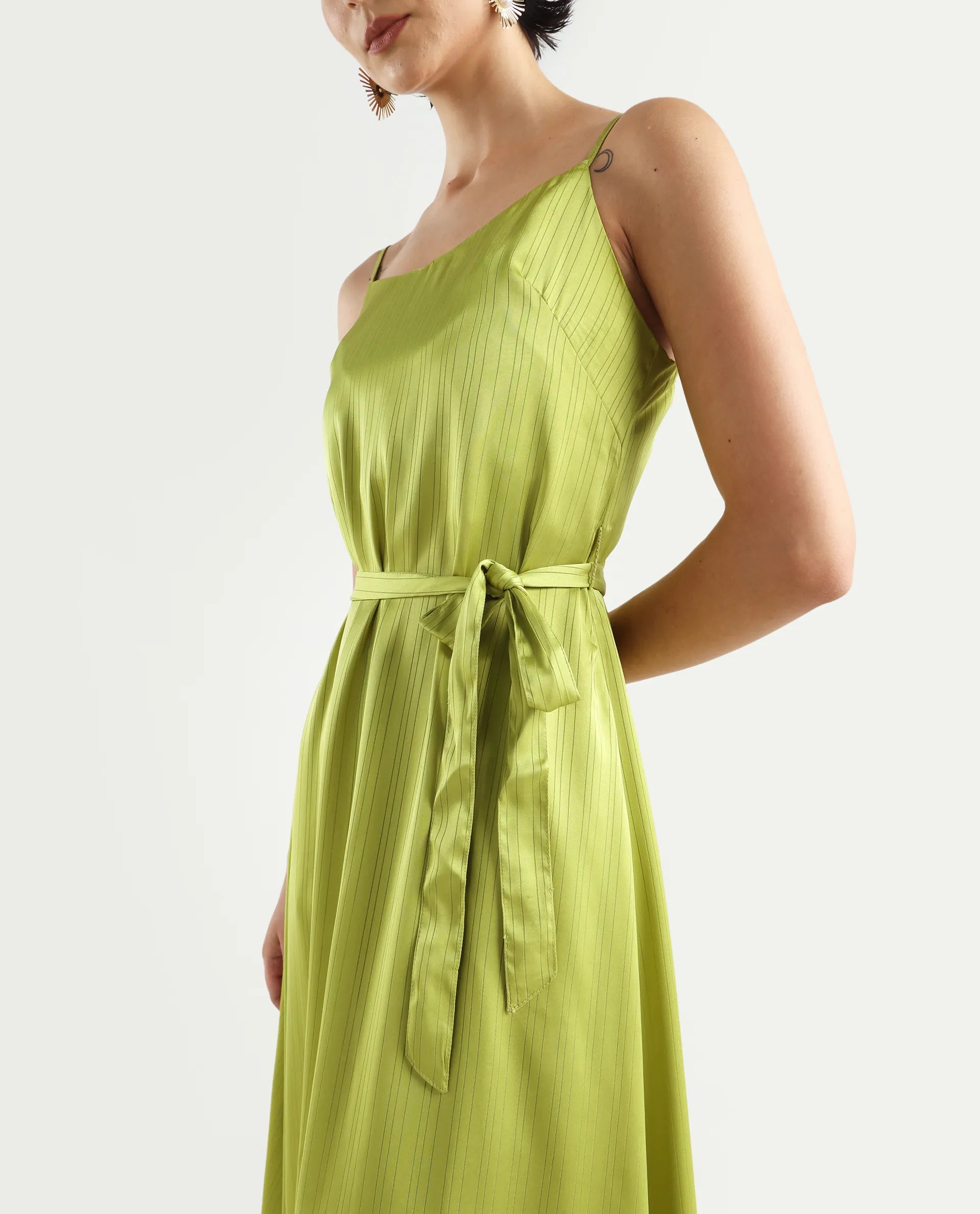 Rareism Women's Andrei Flouroscent Green Shoulder Strap Plain Shoulder Strap Maxi Bodycon Dress