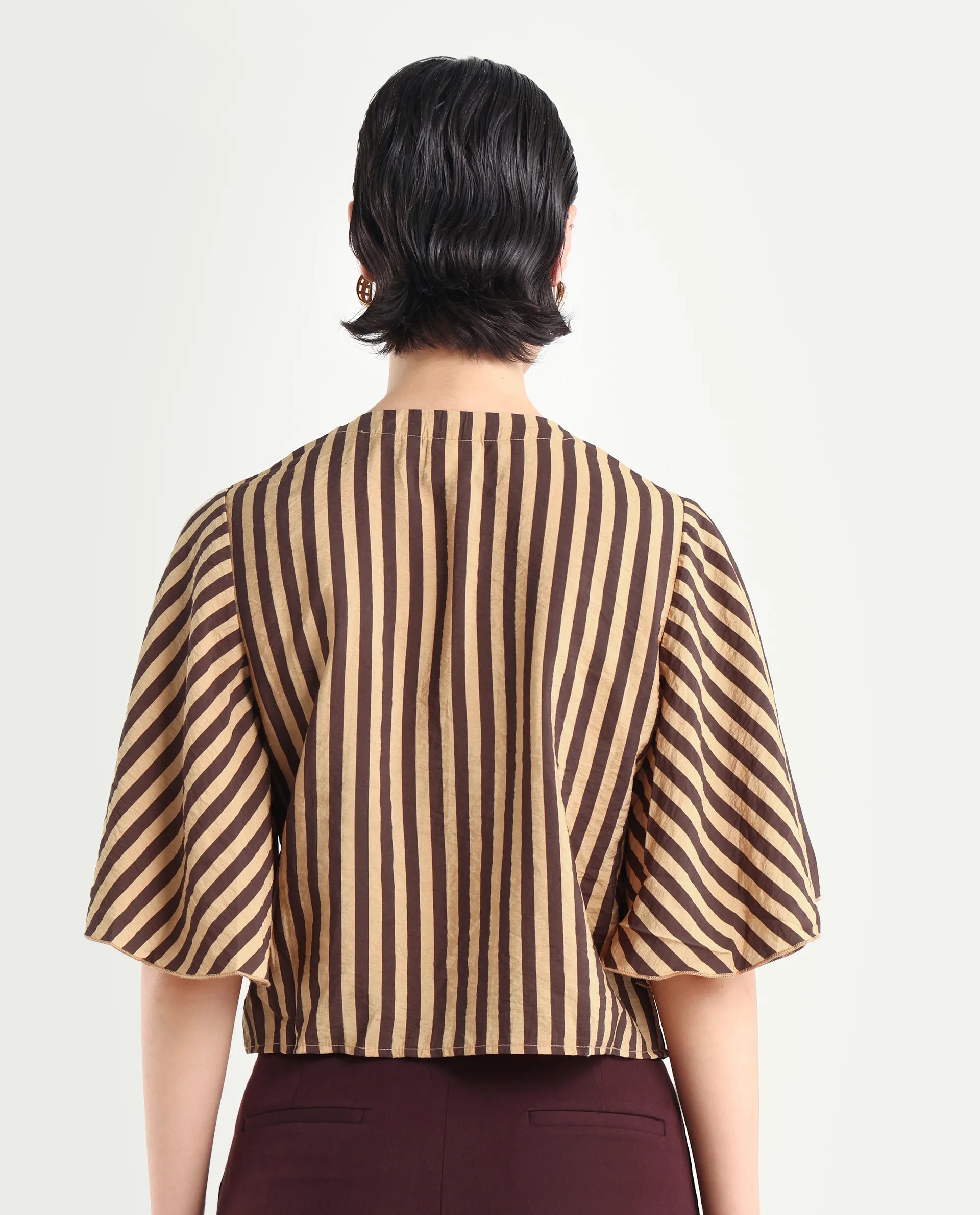 Rareism Women's Andria Brown Nylon Blend V-Neck Striped Bell Sleeve Crop Regular Fit Top