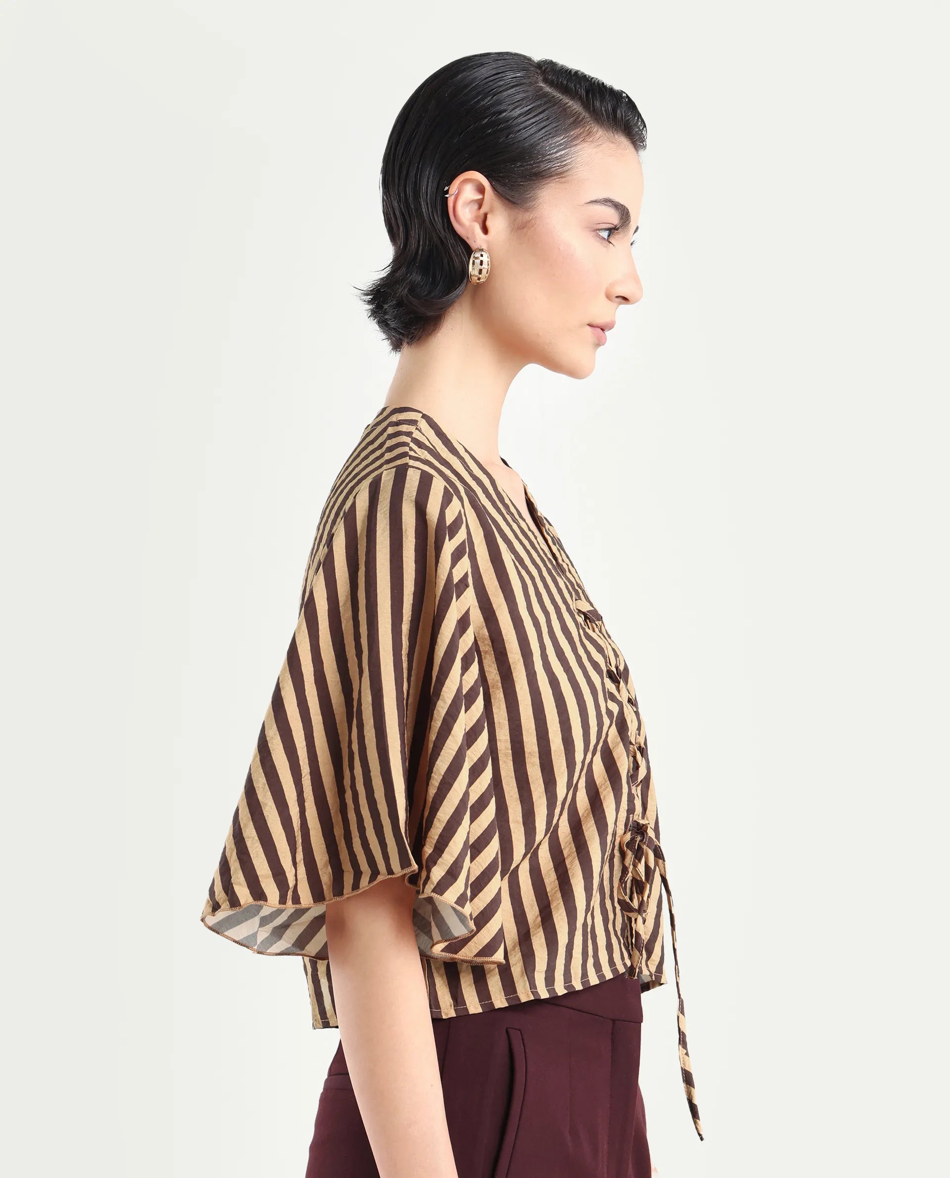 Rareism Women's Andria Brown Nylon Blend V-Neck Striped Bell Sleeve Crop Regular Fit Top