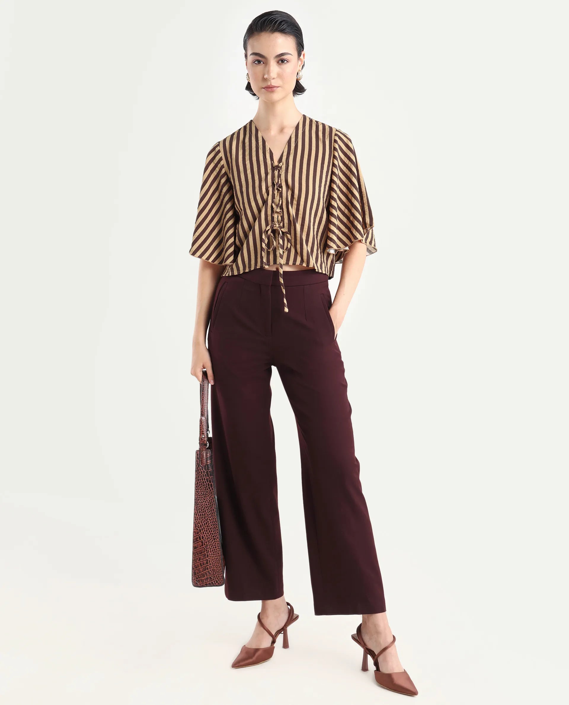 Rareism Women's Andria Brown Nylon Blend V-Neck Striped Bell Sleeve Crop Regular Fit Top