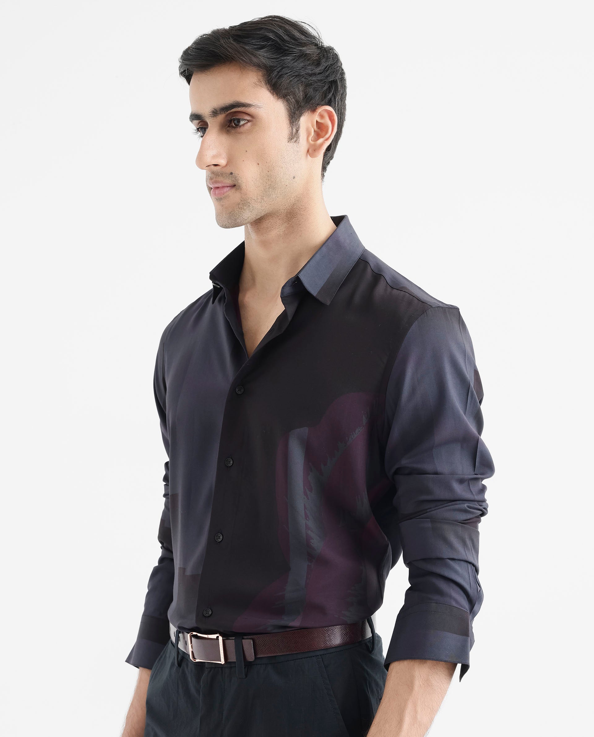 Rare Rabbit Men's Andron Dark Grey Viscose Fabric Full Sleeve Regular Fit Abstract Print Shirt