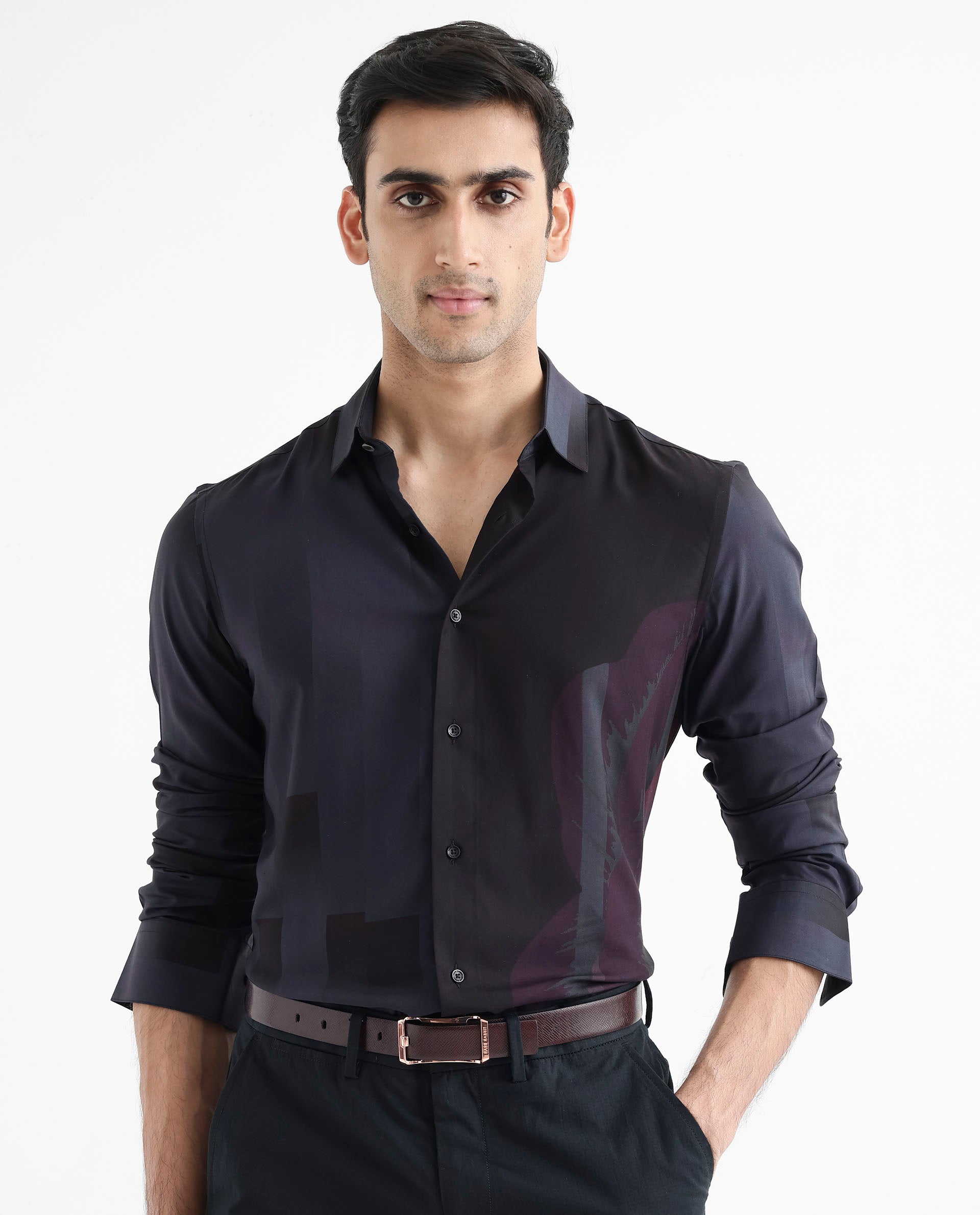 Rare Rabbit Men's Andron Dark Grey Viscose Fabric Full Sleeve Regular Fit Abstract Print Shirt