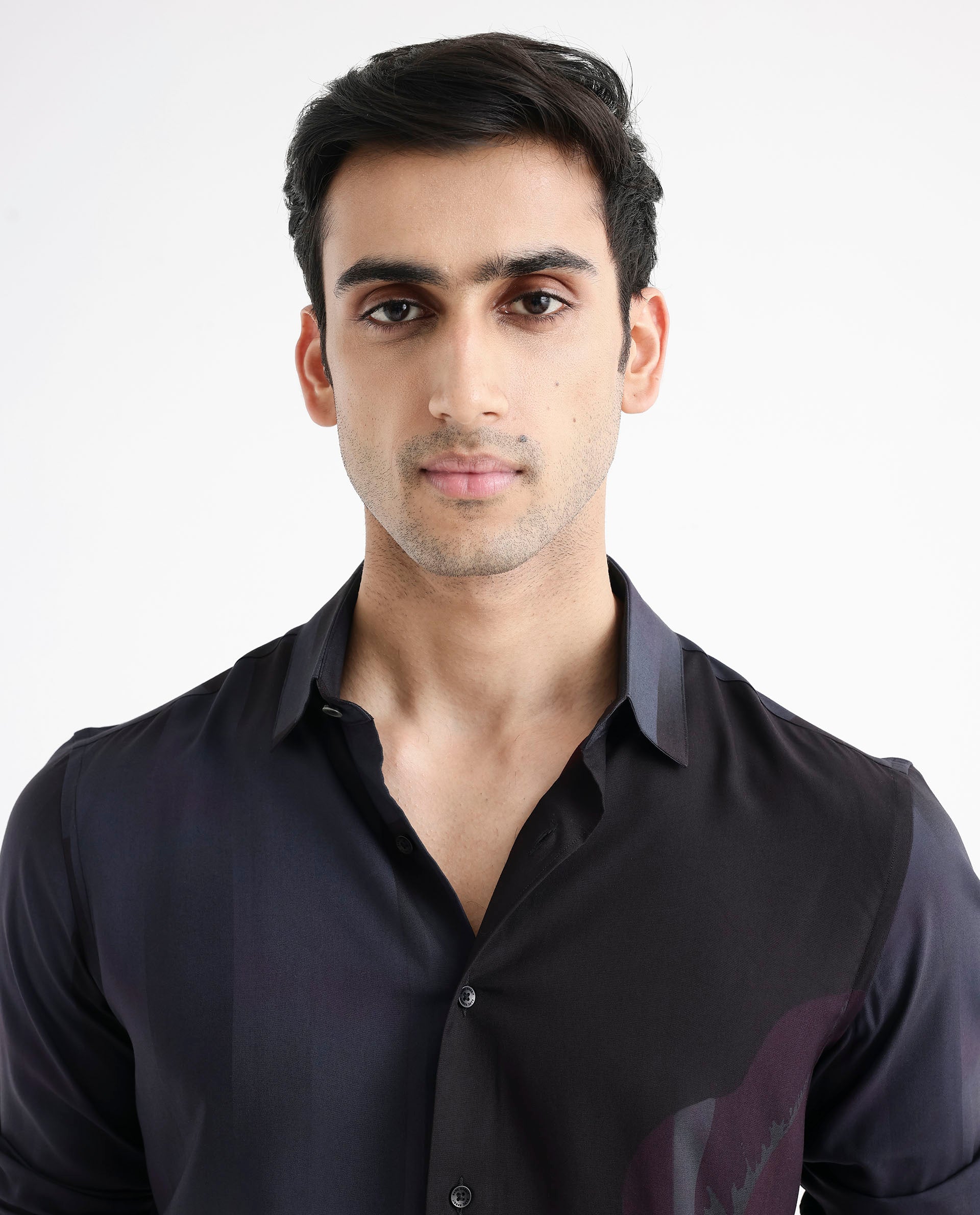 Rare Rabbit Men's Andron Dark Grey Viscose Fabric Full Sleeve Regular Fit Abstract Print Shirt