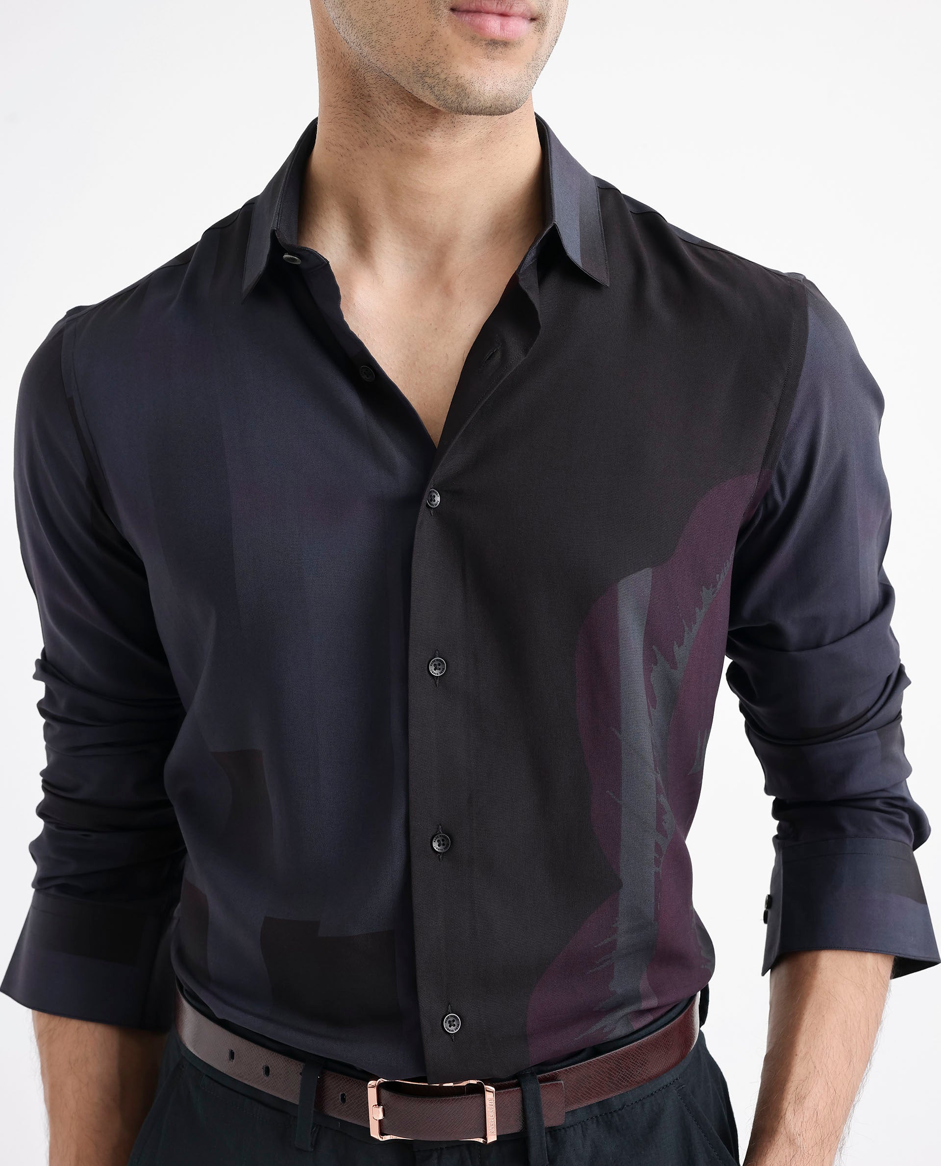 Rare Rabbit Men's Andron Dark Grey Viscose Fabric Full Sleeve Regular Fit Abstract Print Shirt