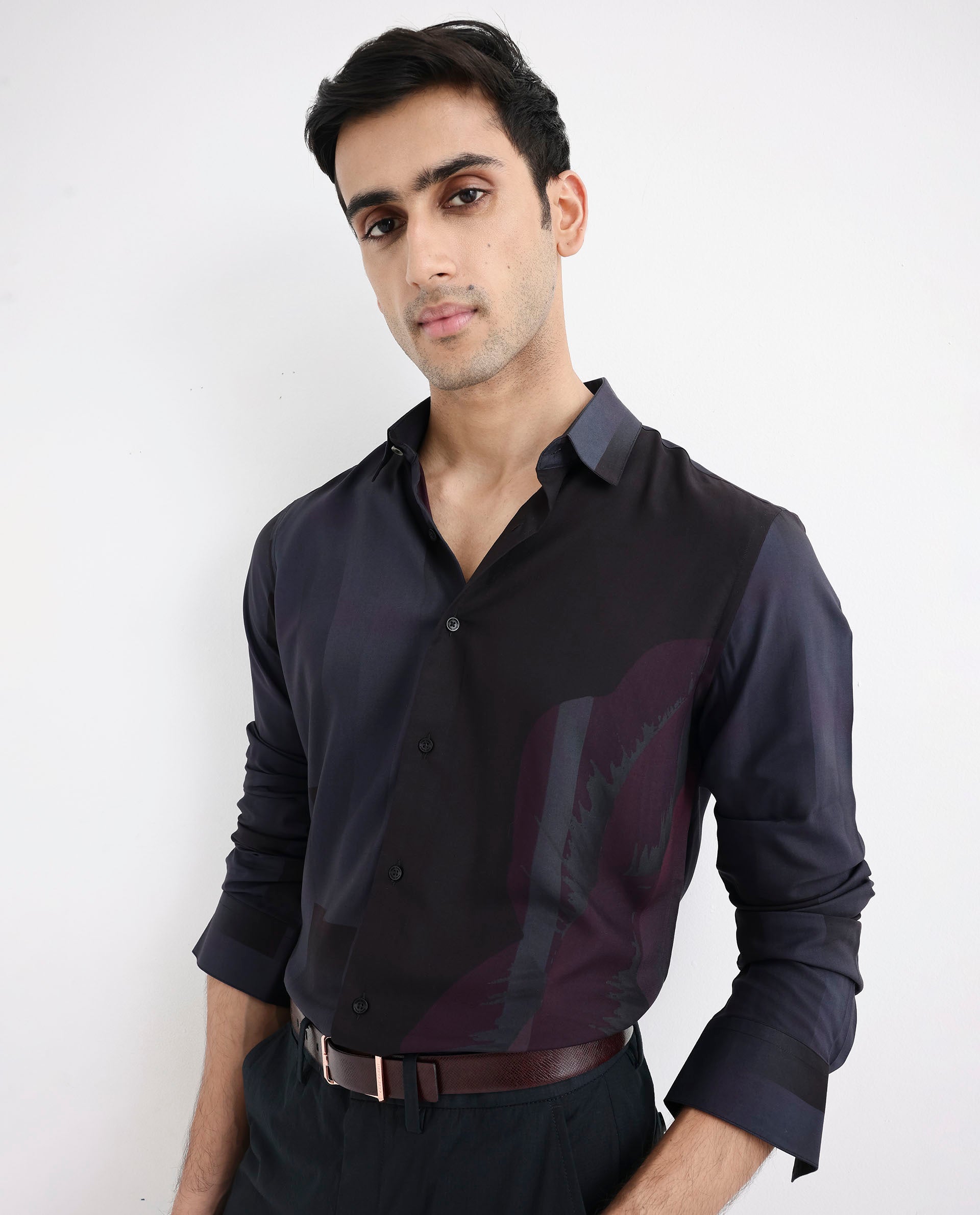 Rare Rabbit Men's Andron Dark Grey Viscose Fabric Full Sleeve Regular Fit Abstract Print Shirt