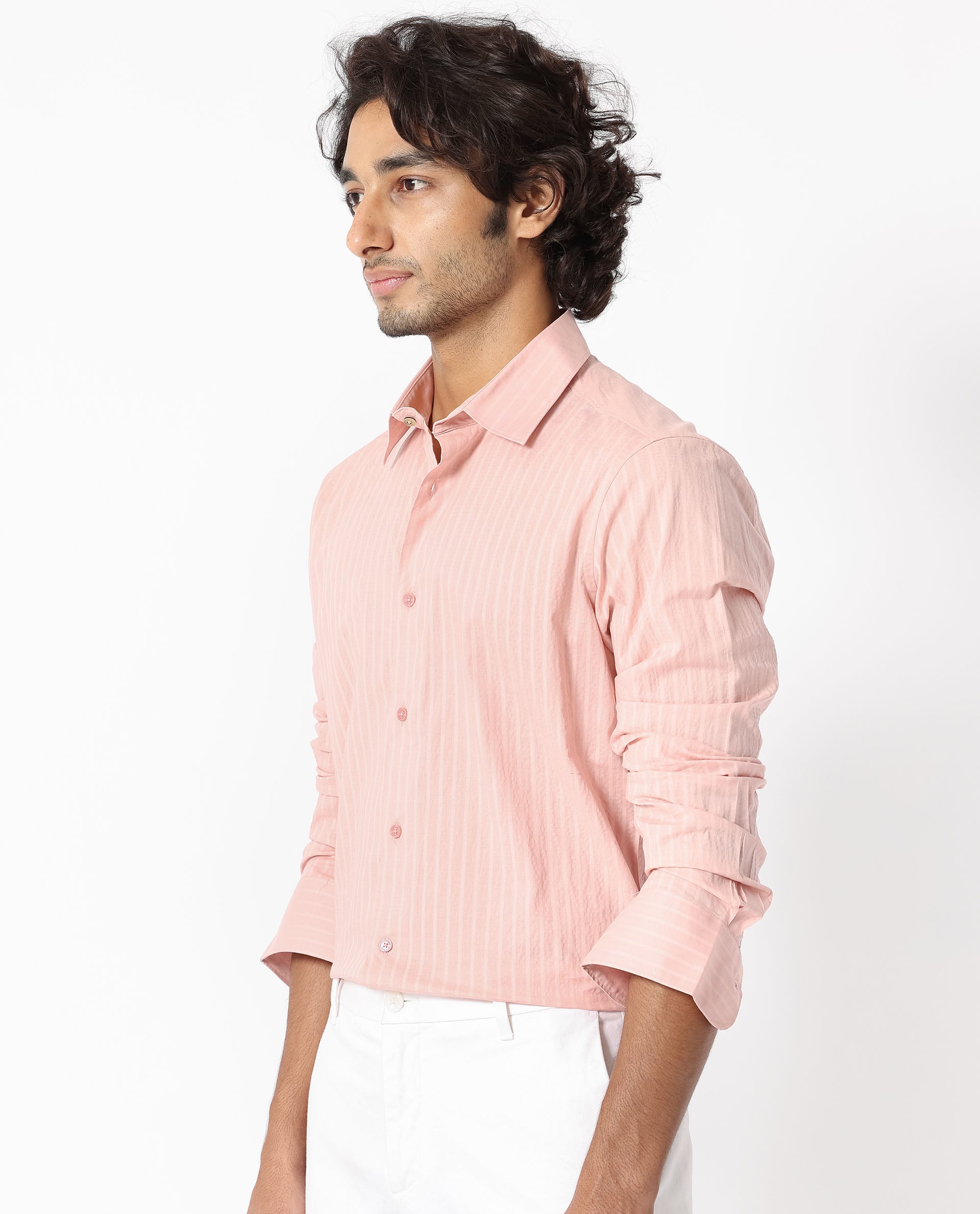 Rare Rabbit Men's Anemo Dusky Peach Cotton Fabric Full Sleeves Striped Shirt