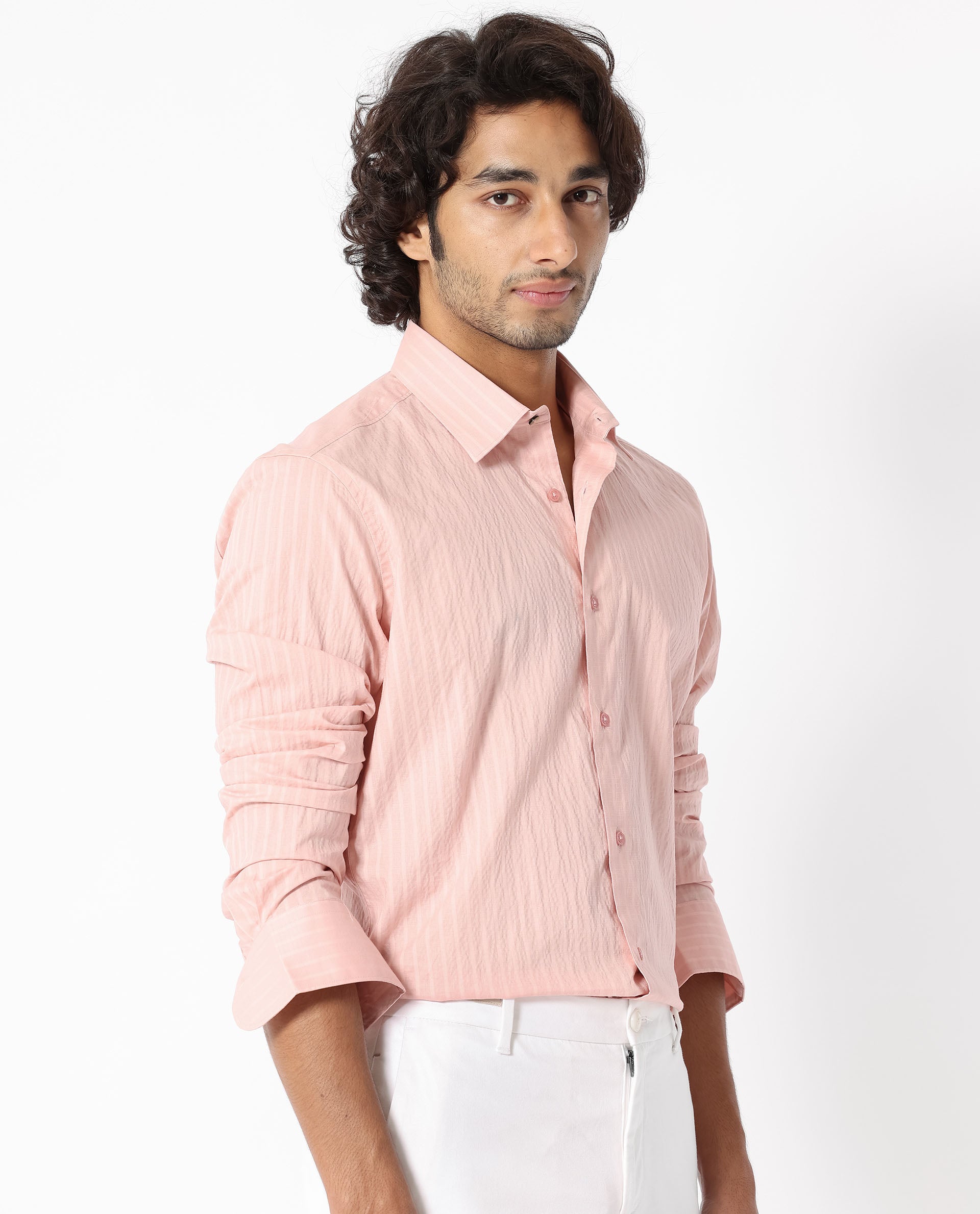 Rare Rabbit Men's Anemo Dusky Peach Cotton Fabric Full Sleeves Striped Shirt