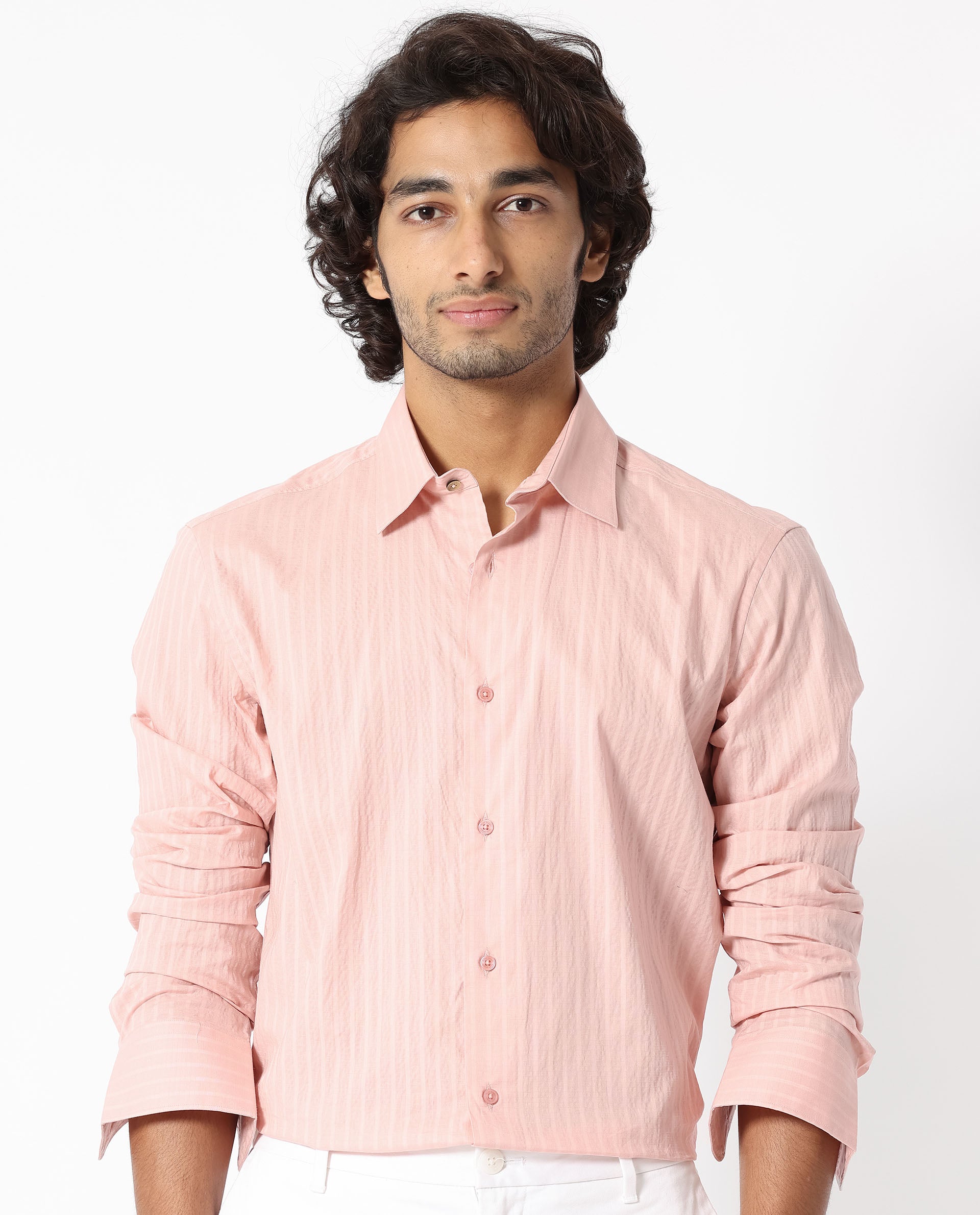 Rare Rabbit Men's Anemo Dusky Peach Cotton Fabric Full Sleeves Striped Shirt