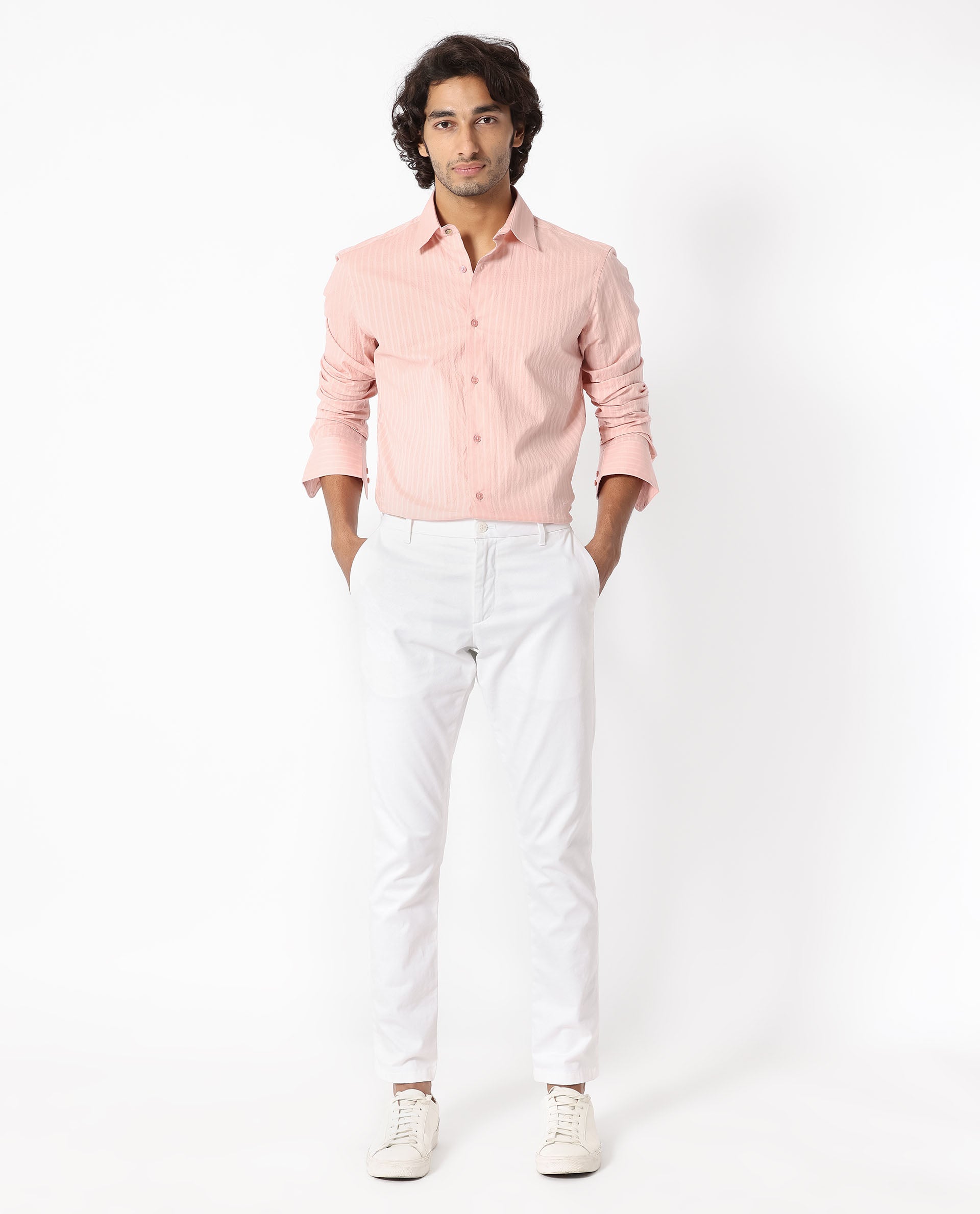 Rare Rabbit Men's Anemo Dusky Peach Cotton Fabric Full Sleeves Striped Shirt