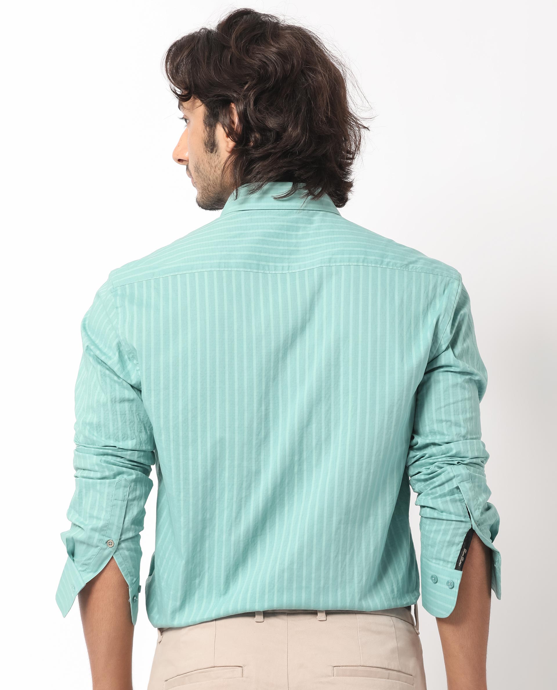 Rare Rabbit Men's Anemo Dusky Turq Cotton Fabric Full Sleeves Striped Shirt