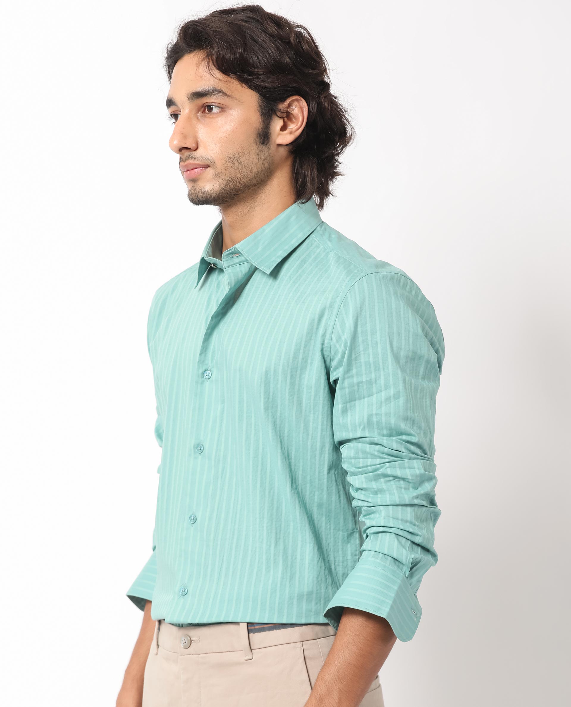 Rare Rabbit Men's Anemo Dusky Turq Cotton Fabric Full Sleeves Striped Shirt