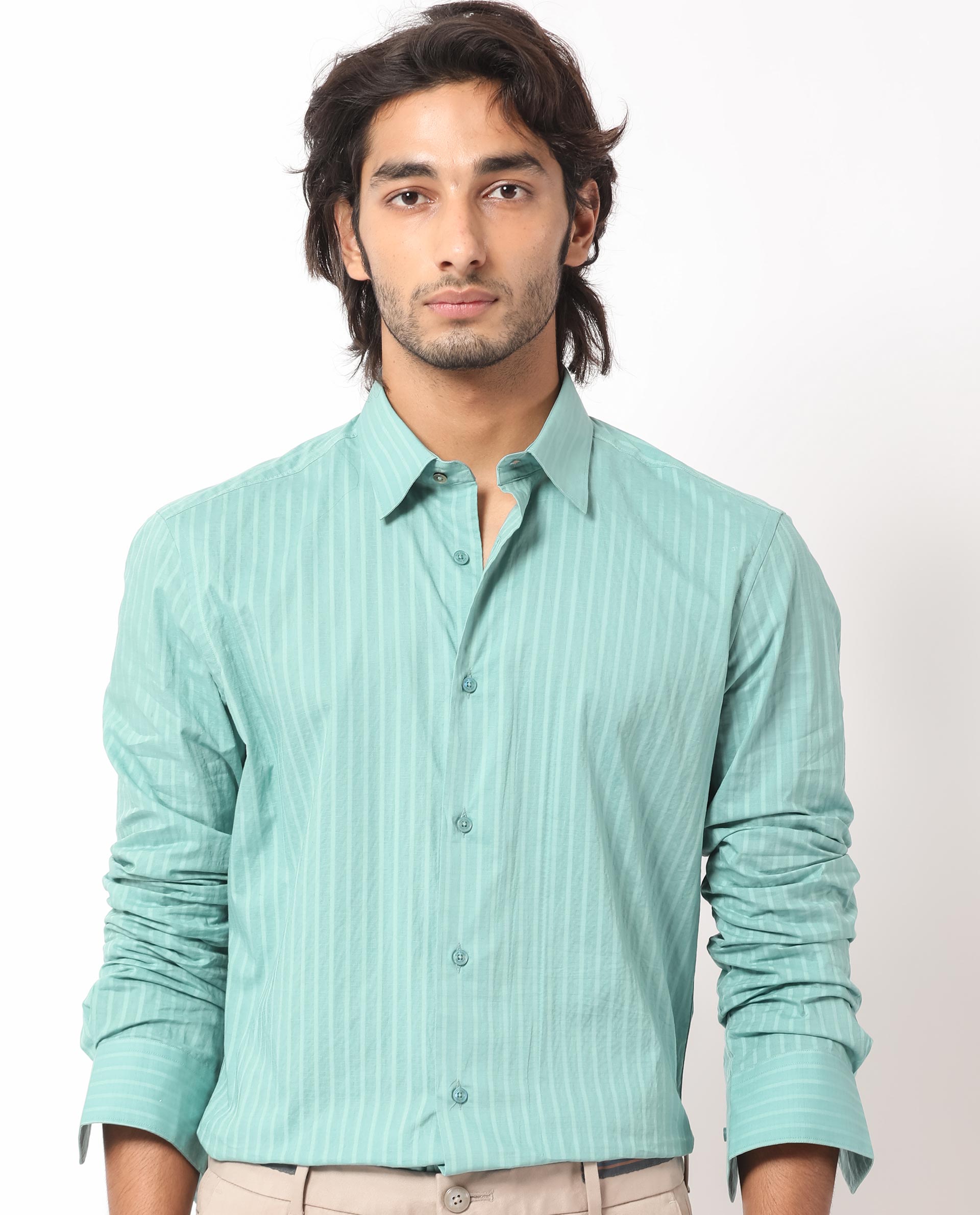 Rare Rabbit Men's Anemo Dusky Turq Cotton Fabric Full Sleeves Striped Shirt