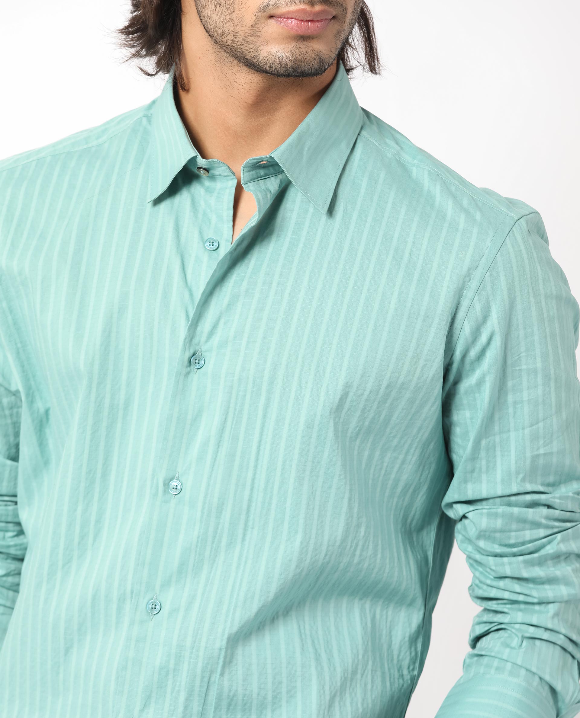 Rare Rabbit Men's Anemo Dusky Turq Cotton Fabric Full Sleeves Striped Shirt