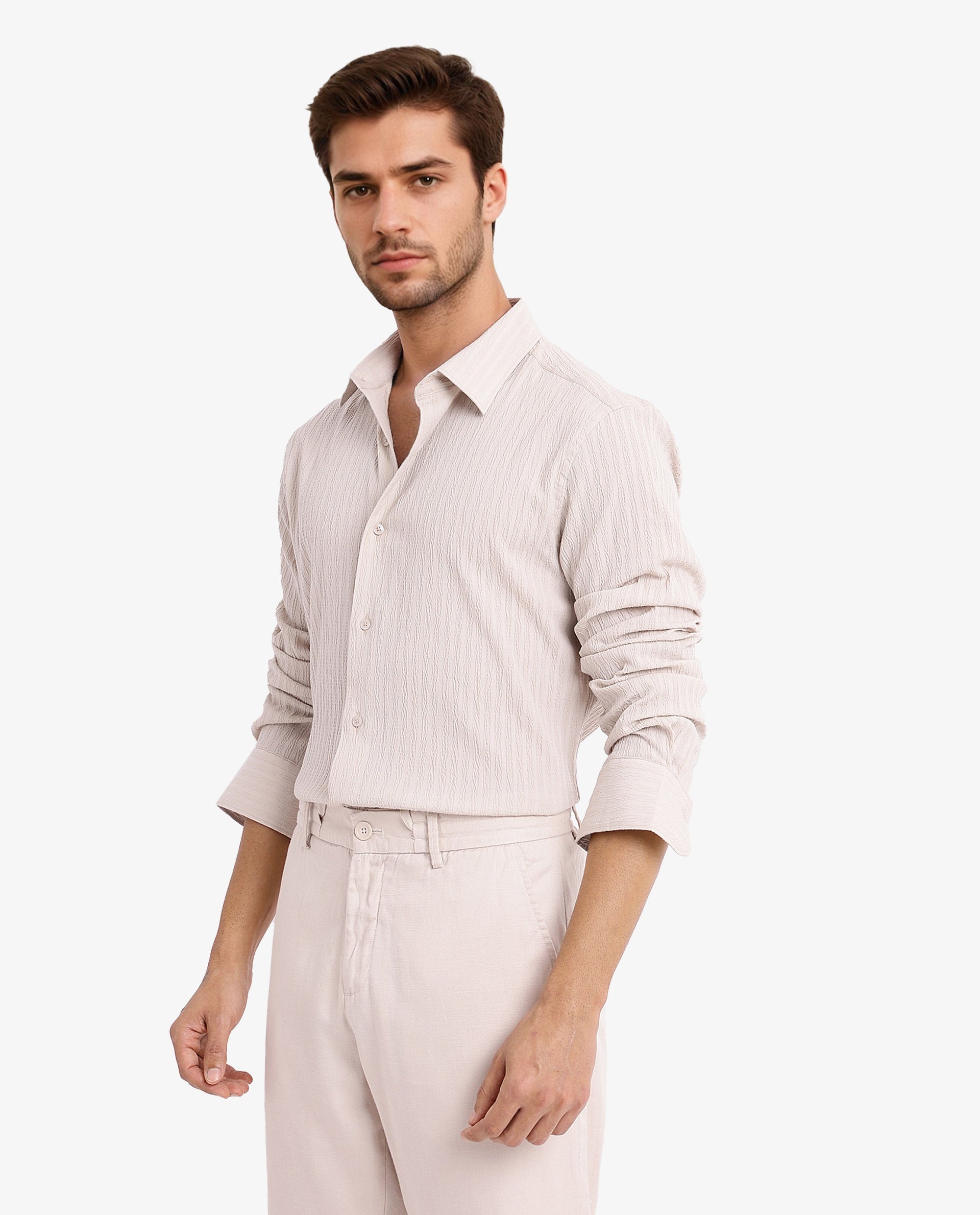 Rare Rabbit Men's Anemo Beige Cotton Fabric Full Sleeves Striped Shirt