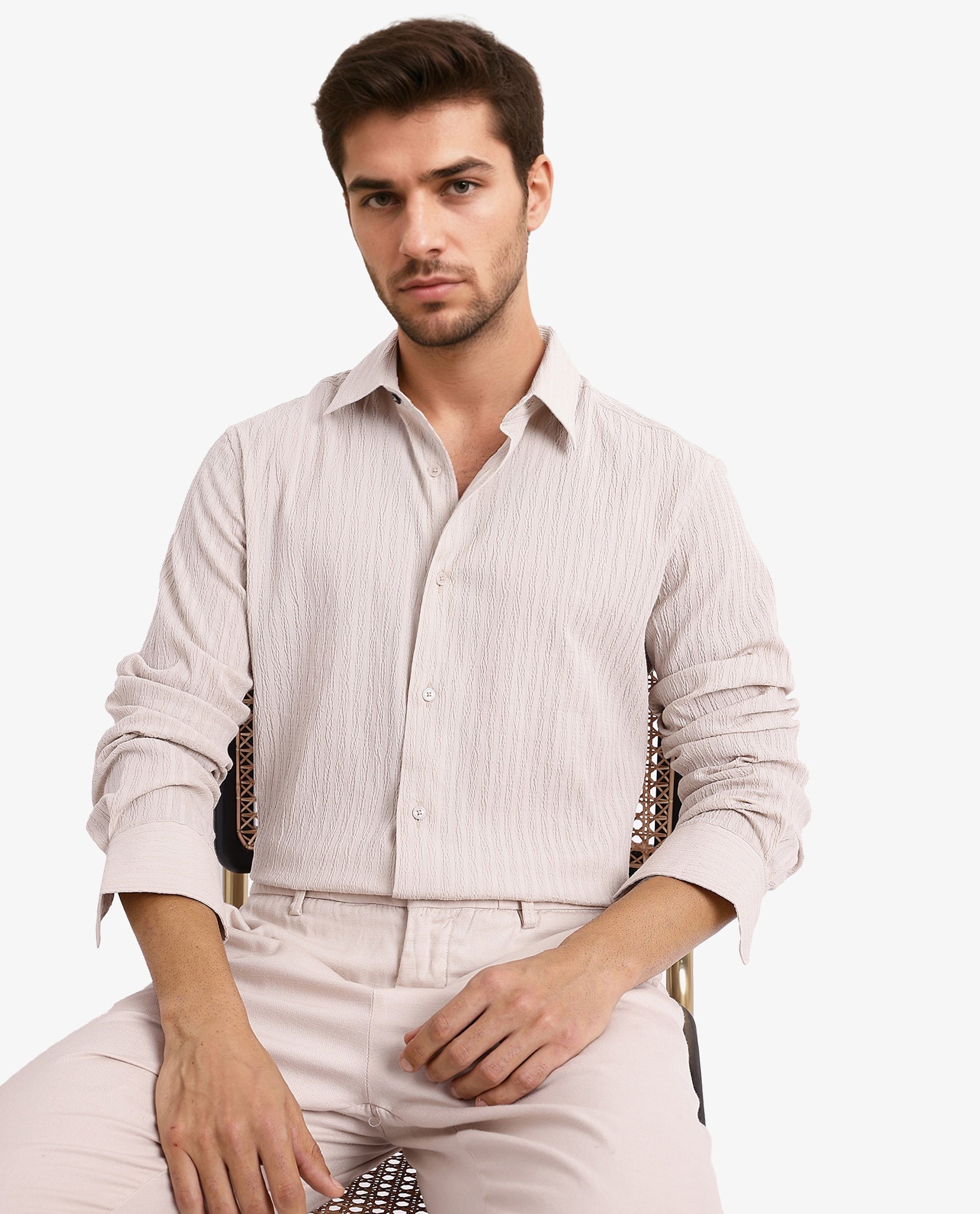 Rare Rabbit Men's Anemo Beige Cotton Fabric Full Sleeves Striped Shirt