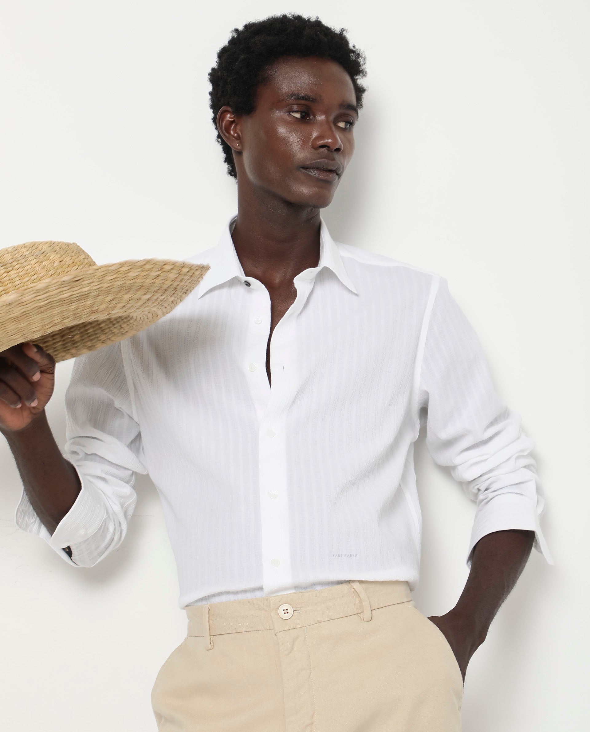 Rare Rabbit Men's Anemo White Cotton Fabric Full Sleeves Striped Shirt