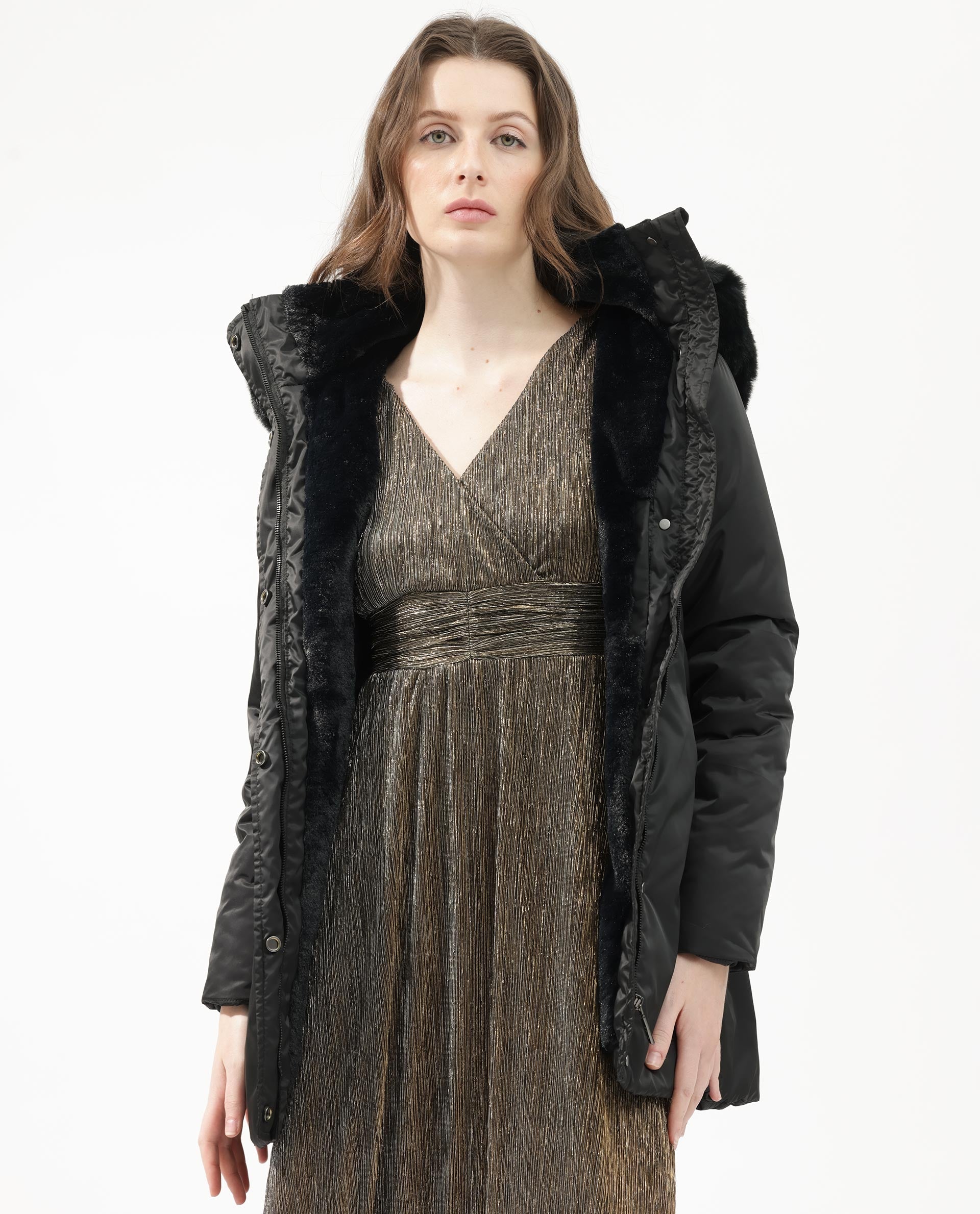 Rareism Women Angena Black Polyester Fabric Full Sleeves Zip Closure Hooded Regular Fit Plain Jacket