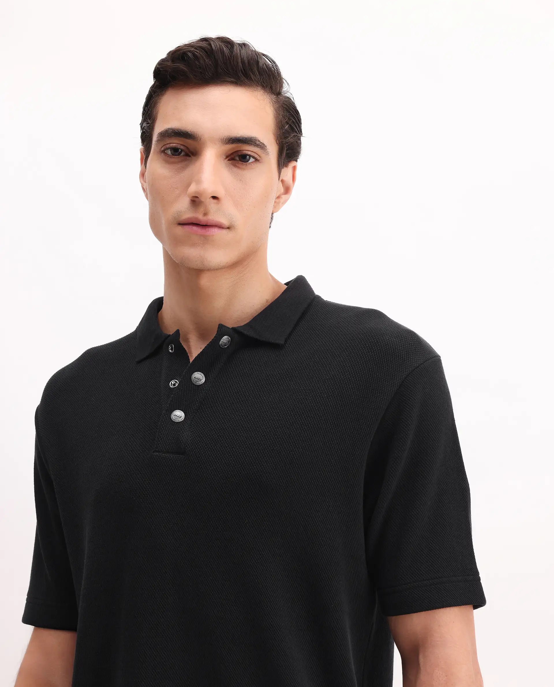 Rare Rabbit Men's Ania Black Cotton Plain Regular Fit Half Sleeve Polo