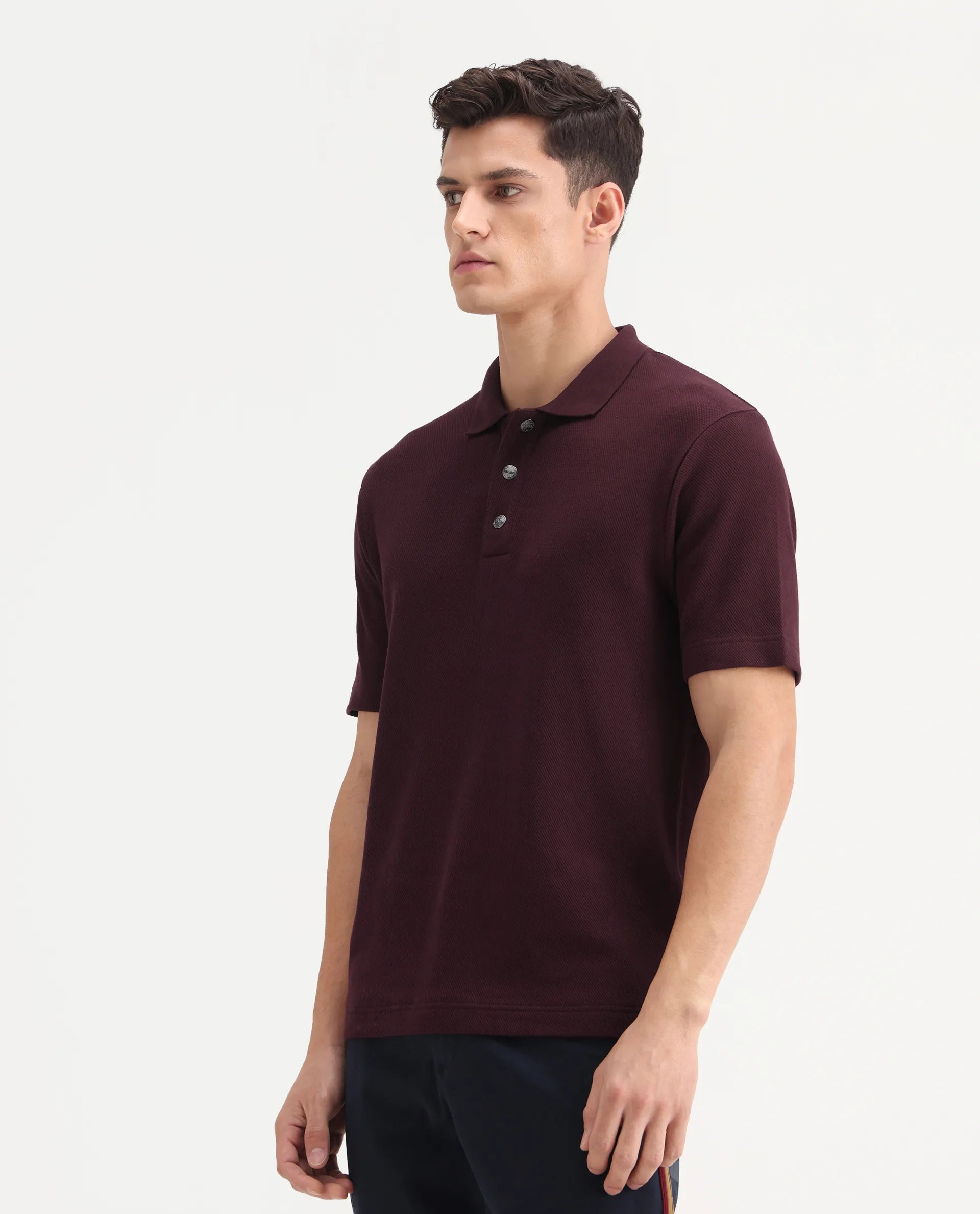 Rare Rabbit Men's Ania Dark Maroon Cotton Plain Regular Fit Half Sleeve Polo
