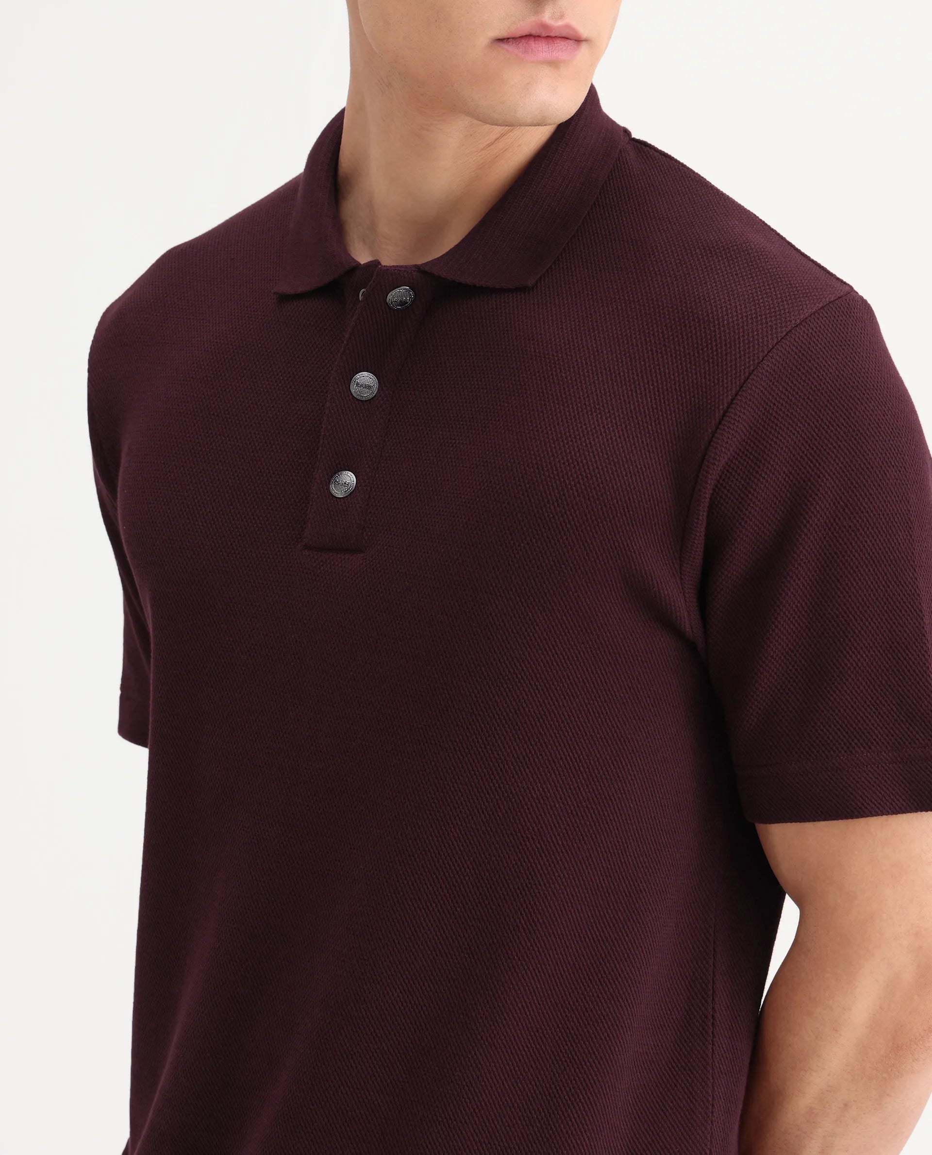 Rare Rabbit Men's Ania Dark Maroon Cotton Plain Regular Fit Half Sleeve Polo