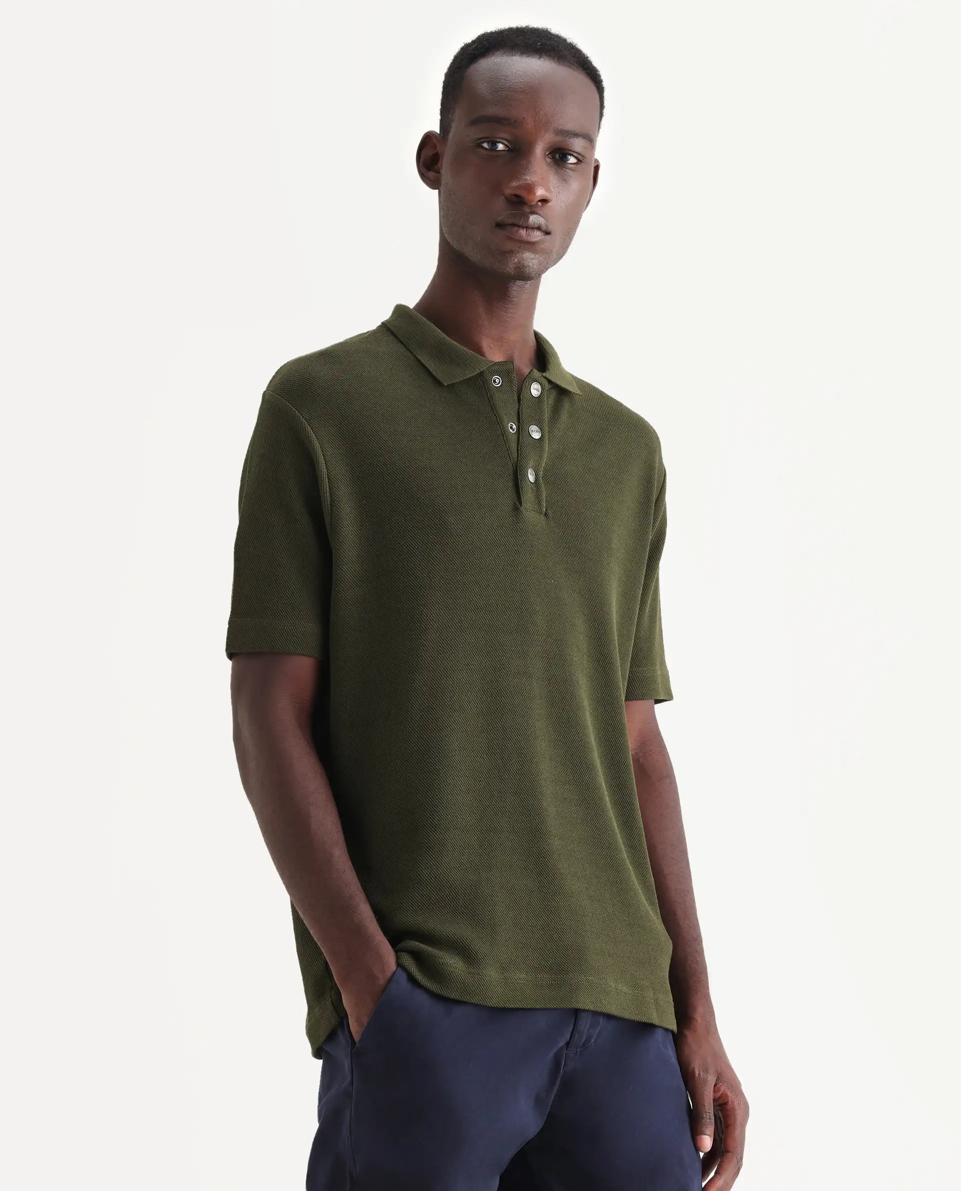 Rare Rabbit Men's Ania Dark Olive Cotton Plain Regular Fit Half Sleeve Polo