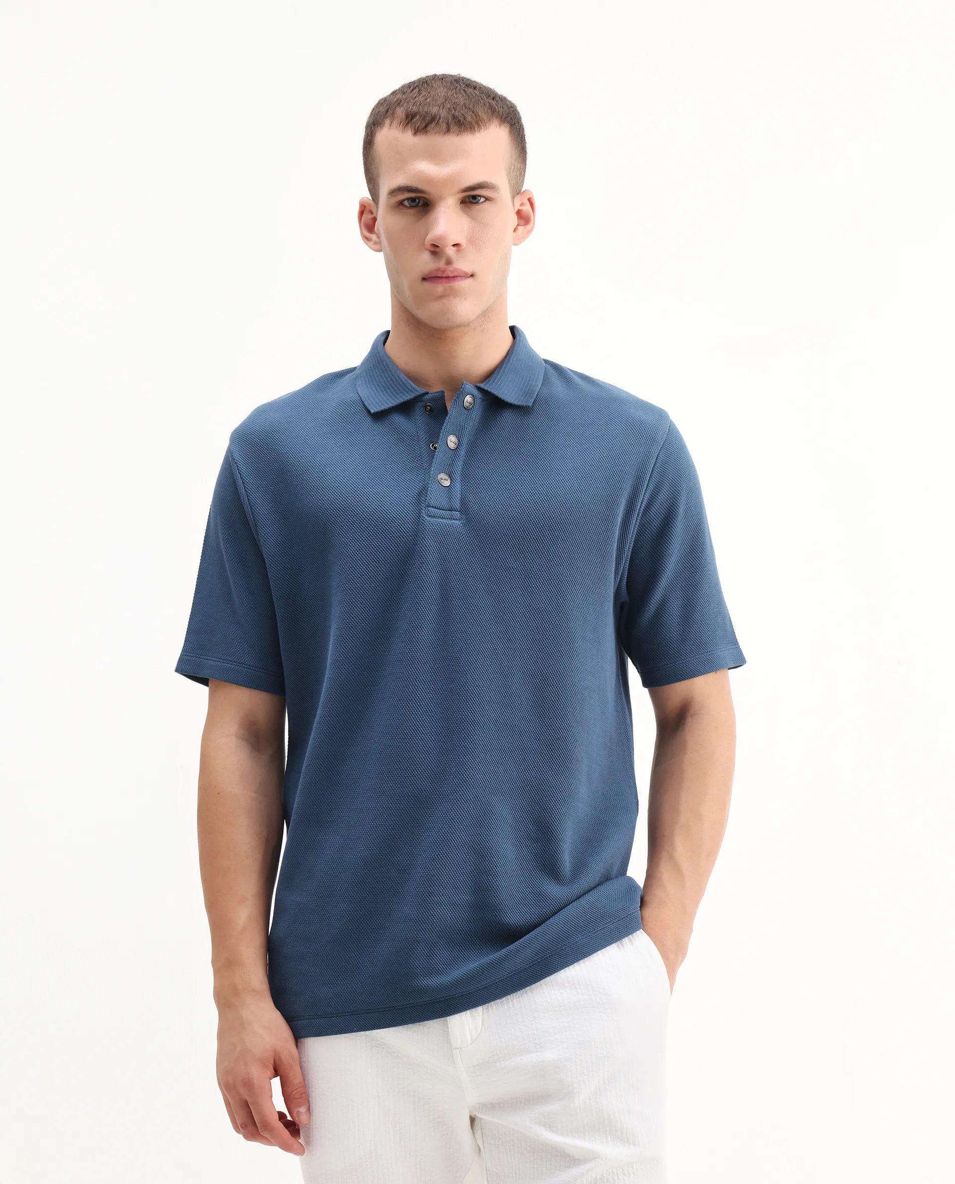 Rare Rabbit Men's Ania Teal Cotton Plain Regular Fit Half Sleeve Polo