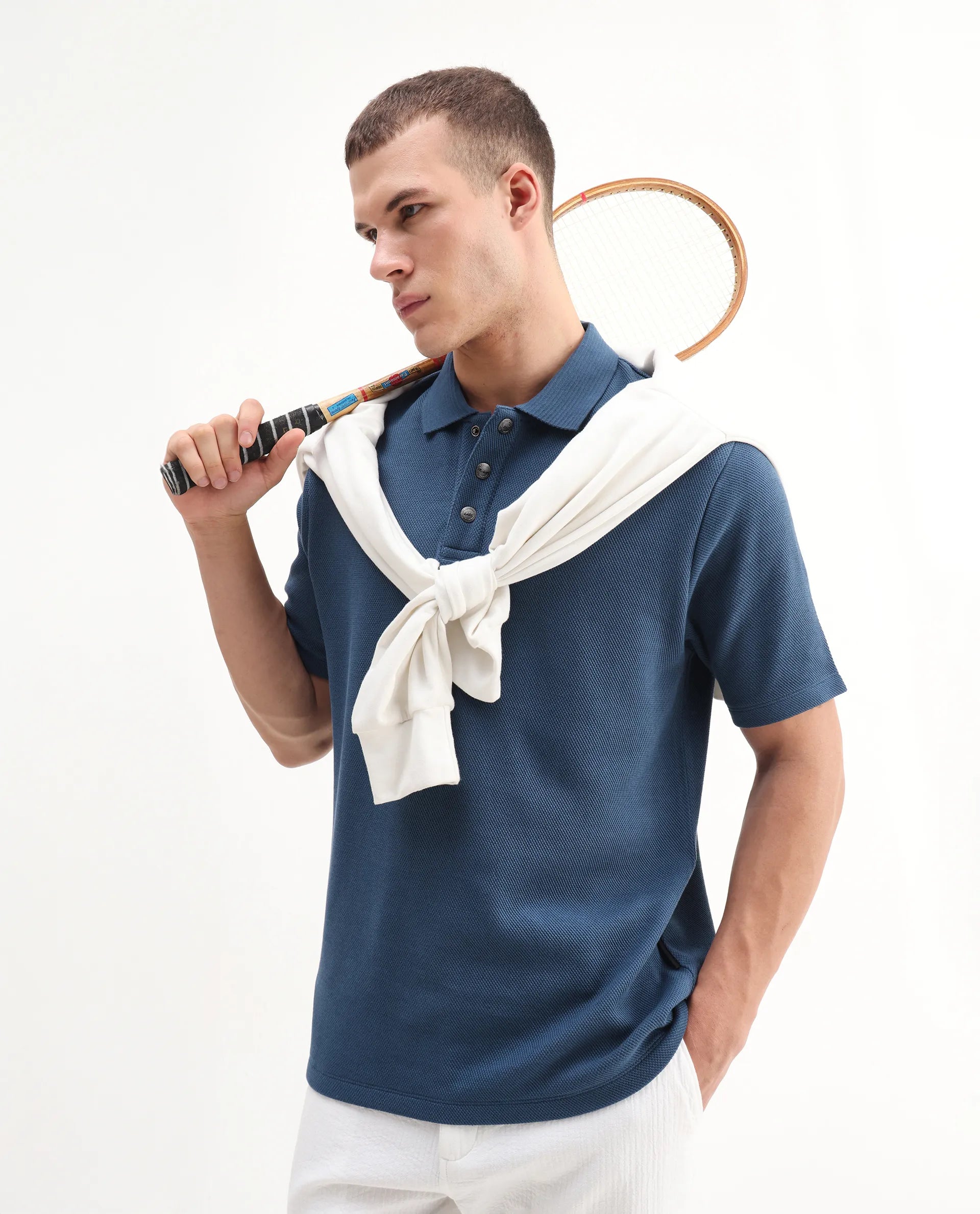 Rare Rabbit Men's Ania Teal Cotton Plain Regular Fit Half Sleeve Polo