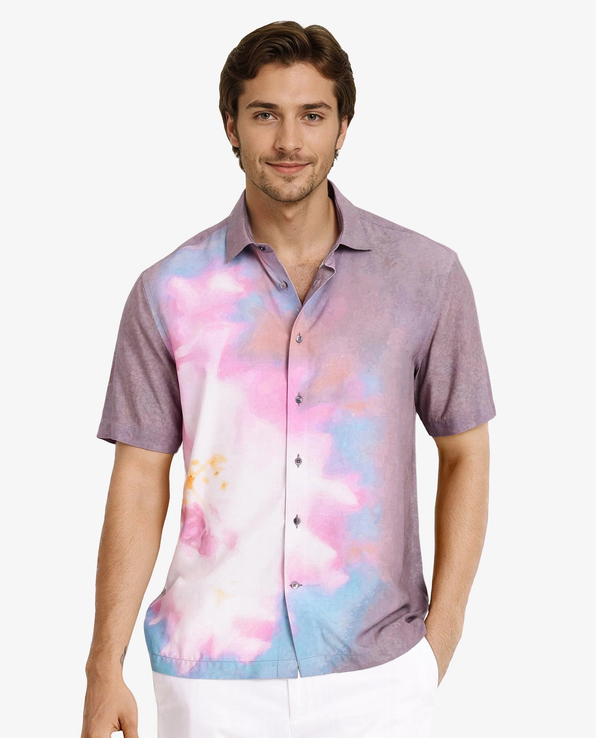Rare Rabbit Men's Ankaa Grey Viscose Fabric Regular Collar Short Sleeve Abstract Ombre Print Shirt