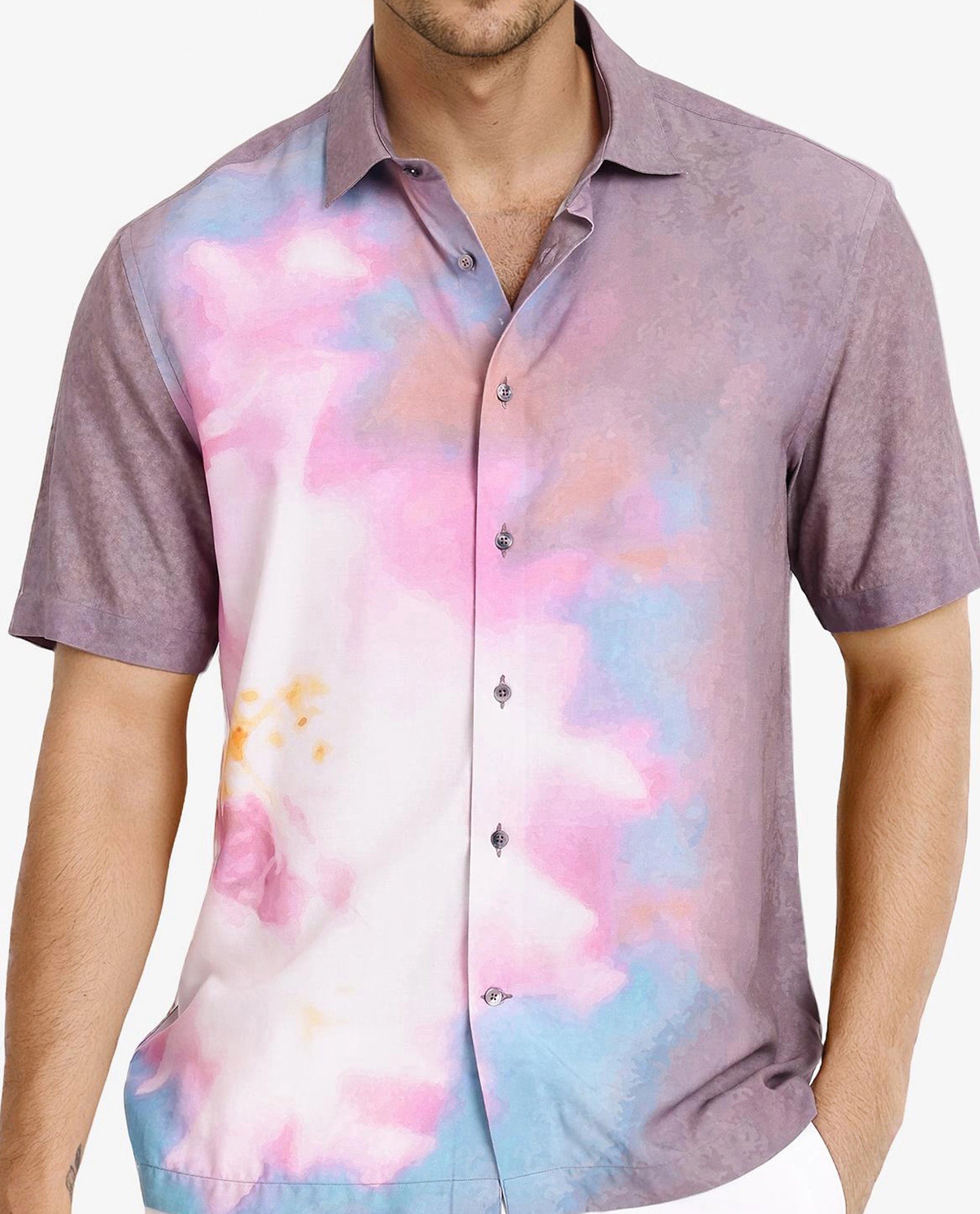 Rare Rabbit Men's Ankaa Grey Viscose Fabric Regular Collar Short Sleeve Abstract Ombre Print Shirt