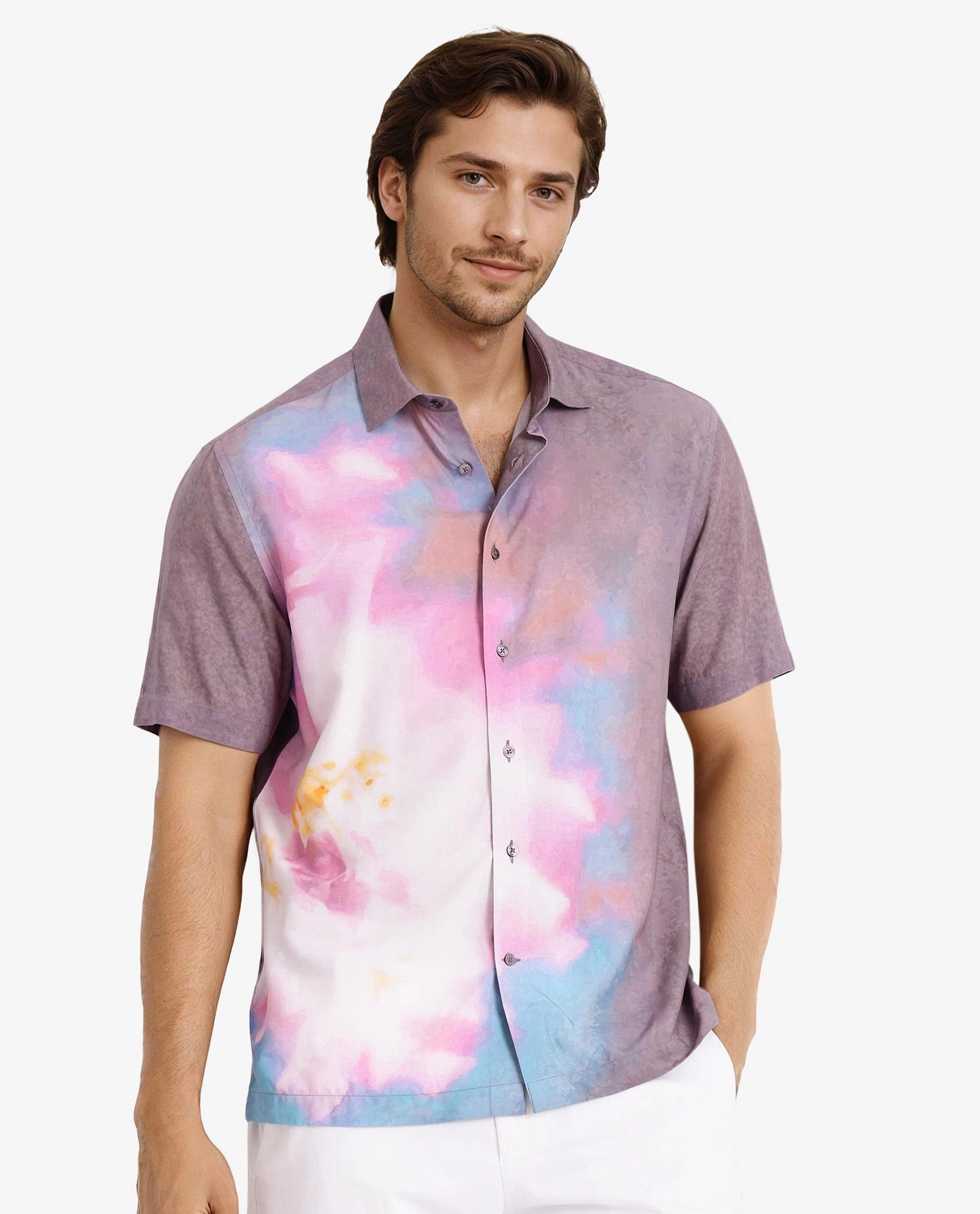 Rare Rabbit Men's Ankaa Grey Viscose Fabric Regular Collar Short Sleeve Abstract Ombre Print Shirt