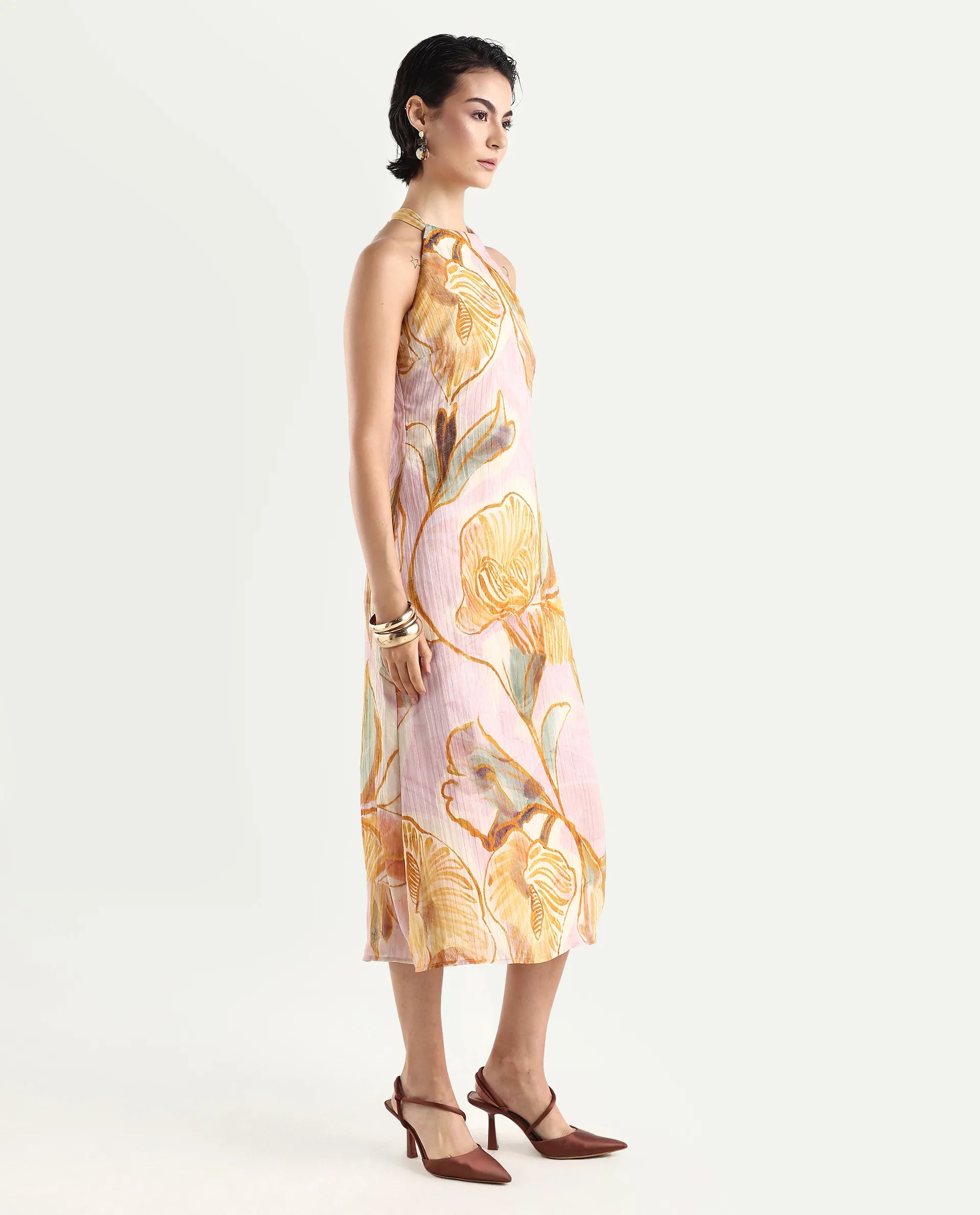 Rareism Women's Anoy Pastel Purple Polyester Sleeveless Halter Neck A-Line Dress