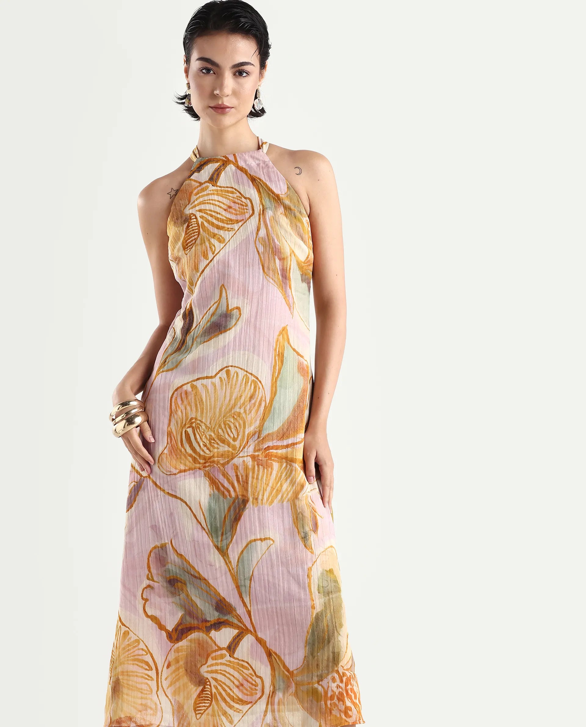 Rareism Women's Anoy Pastel Purple Polyester Sleeveless Halter Neck A-Line Dress