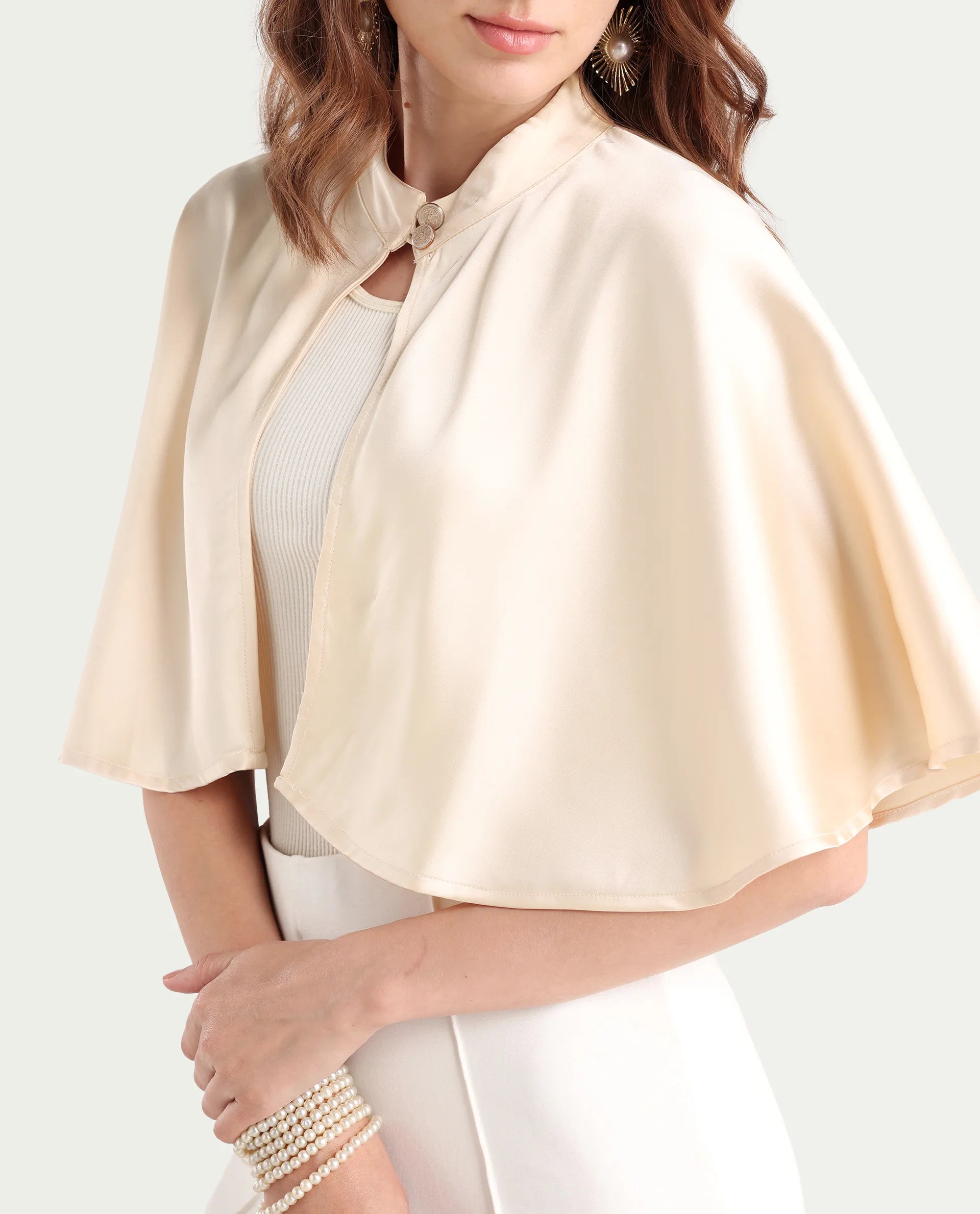 Rareism Women's Antali Beige Satin High Neck Plain Cape Sleeve Crop Boxy Fit Jacket
