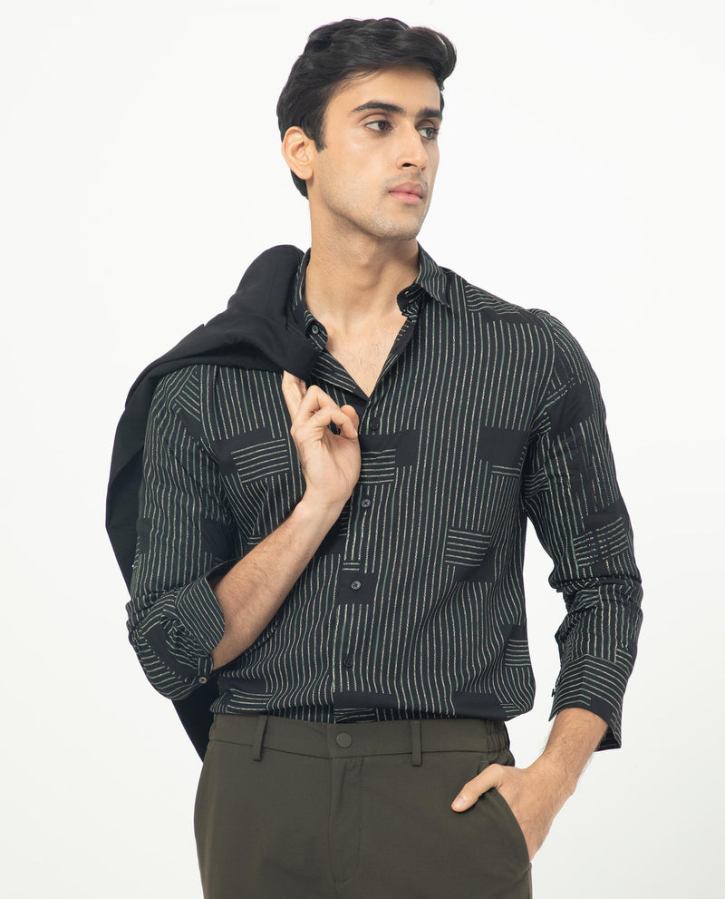 RARE RABBIT MENS ANTHEM BLACK SHIRT VISCOSE FABRIC COLLARED NECK FULL SLEEVES BUTTON CLOSURE FITTED