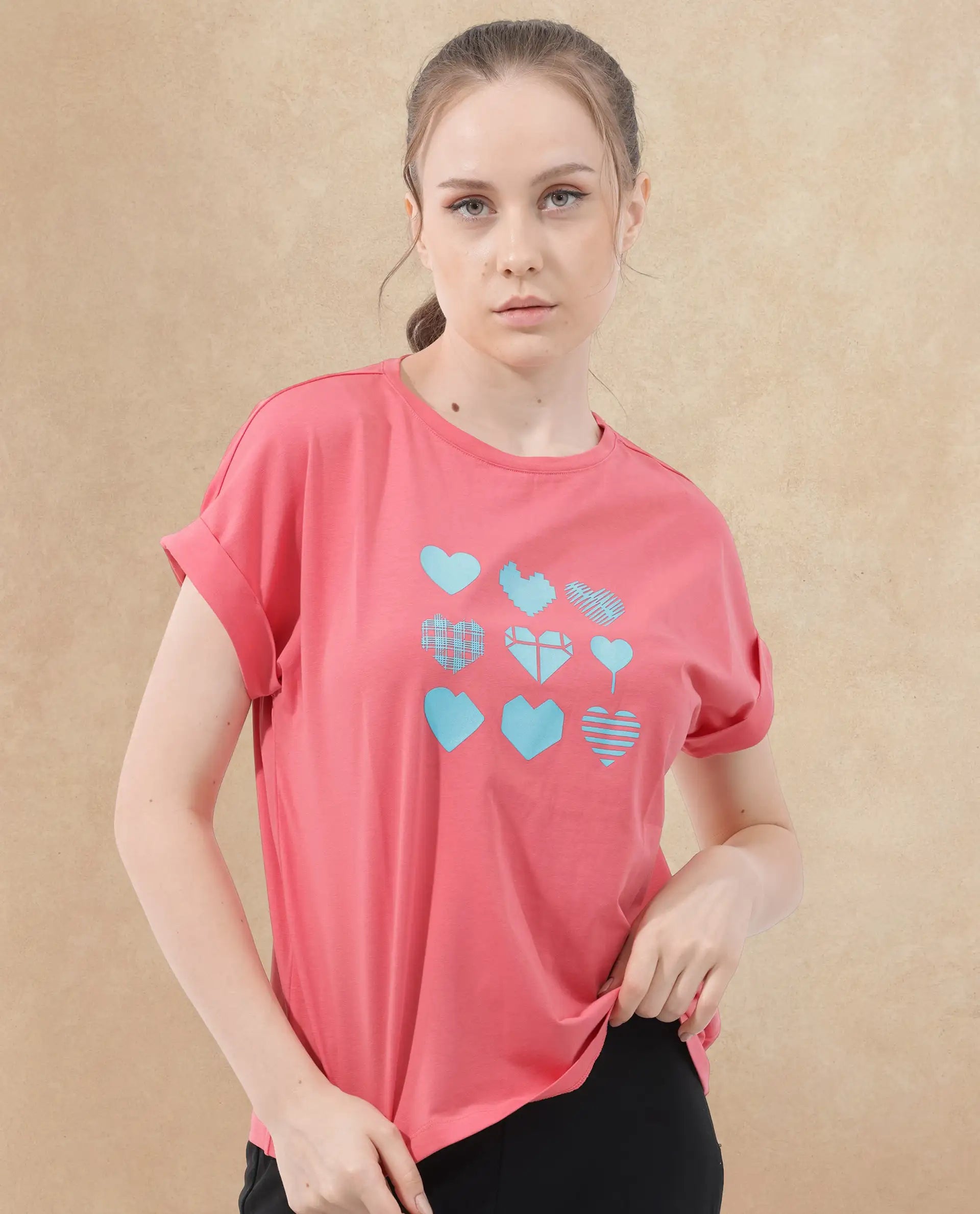 Rareism Women's Antilot Peach Cotton Blend Crew Neck Graphic Print Extended Sleeves Regular Fit T-Shirt