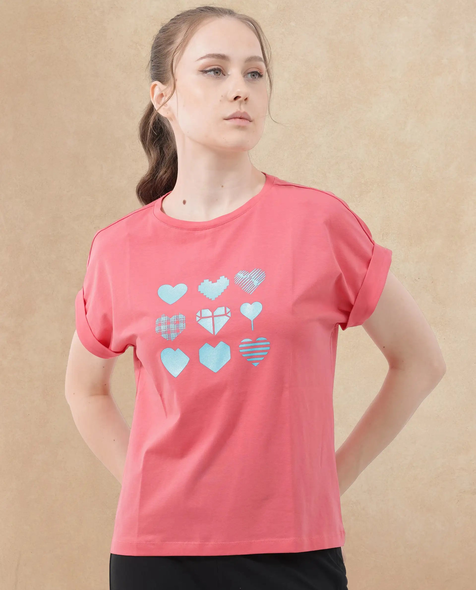 Rareism Women's Antilot Peach Cotton Blend Crew Neck Graphic Print Extended Sleeves Regular Fit T-Shirt