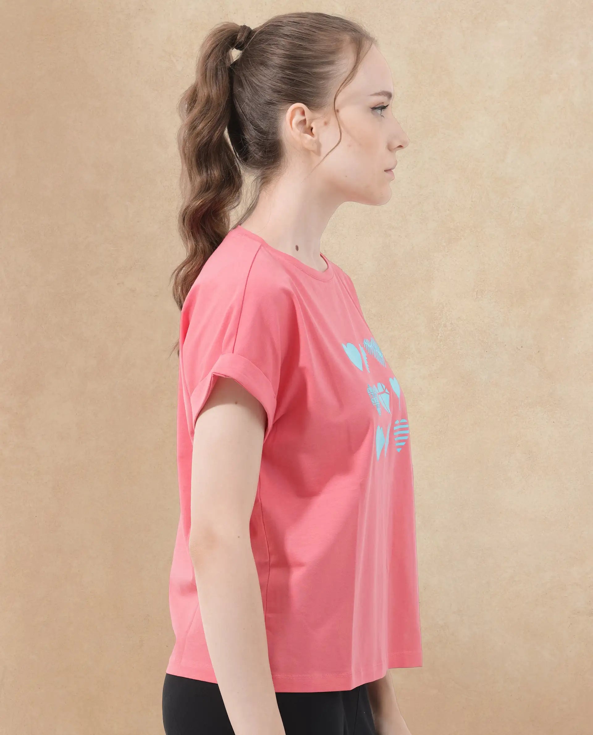 Rareism Women's Antilot Peach Cotton Blend Crew Neck Graphic Print Extended Sleeves Regular Fit T-Shirt