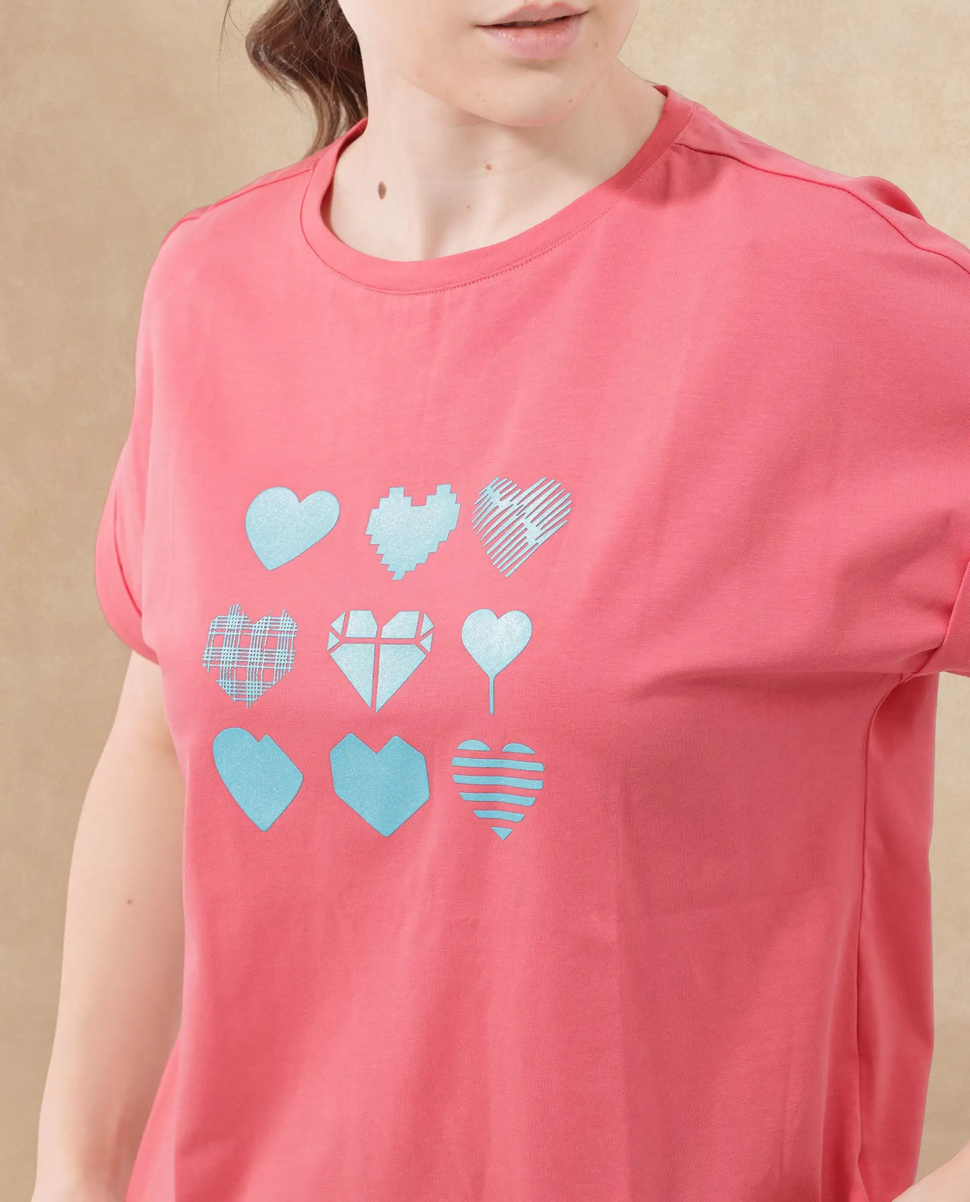 Rareism Women's Antilot Peach Cotton Blend Crew Neck Graphic Print Extended Sleeves Regular Fit T-Shirt