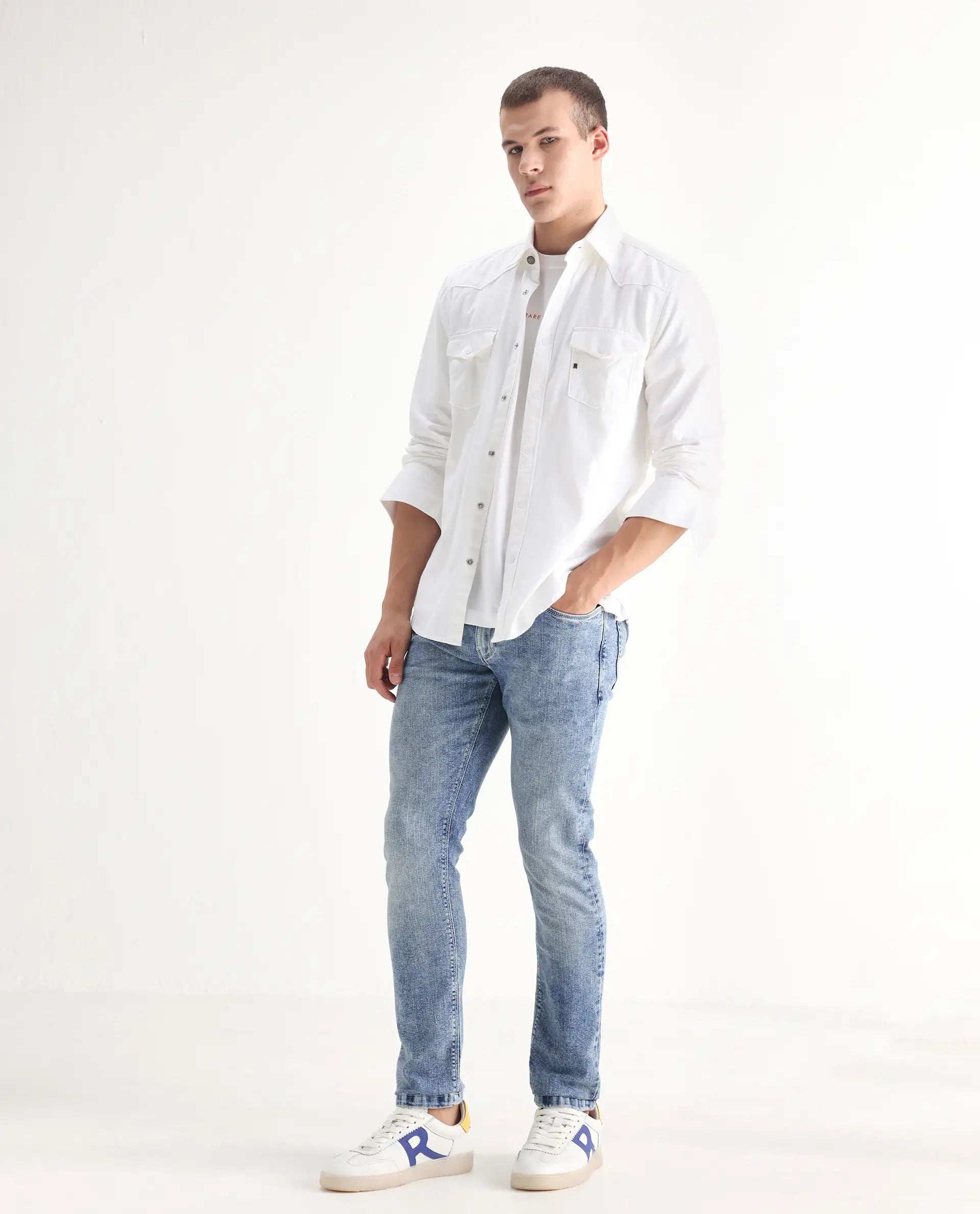 Rare Rabbit Men's Anton Light Blue Cotton Blend Plain Hawk Slim Fit Jeans