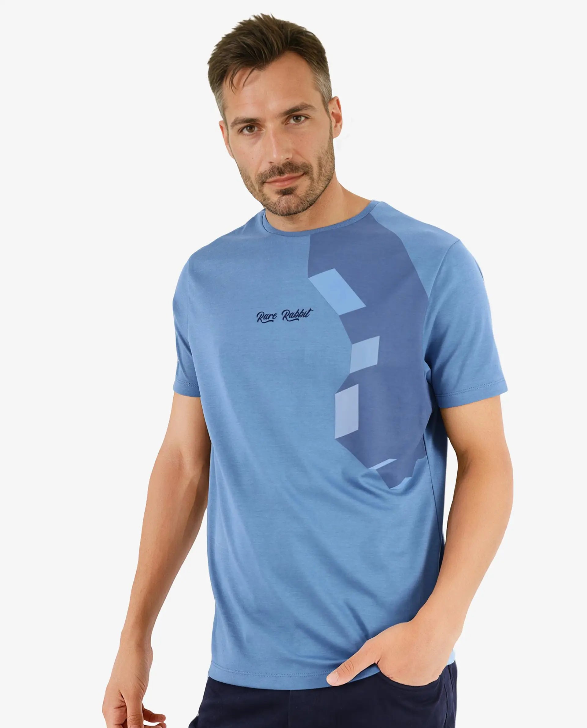 Rare Rabbit Men Antu Blue Cotton Polyester Fabric Short Sleeve Crew Neck Logo Print T-Shirt