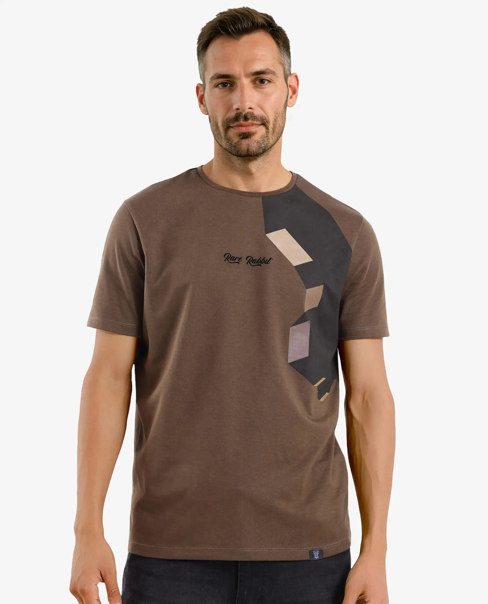 Rare Rabbit Men Antu Olive Cotton Polyester Fabric Short Sleeve Crew Neck Logo Print T-Shirt