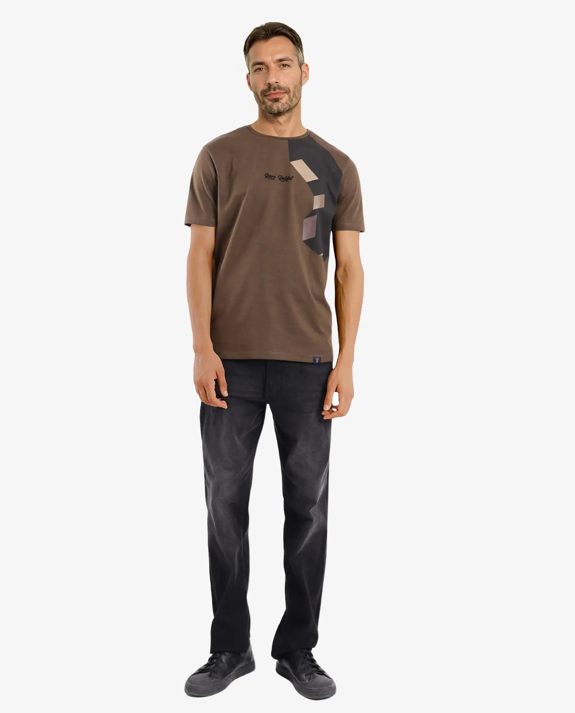 Rare Rabbit Men Antu Olive Cotton Polyester Fabric Short Sleeve Crew Neck Logo Print T-Shirt