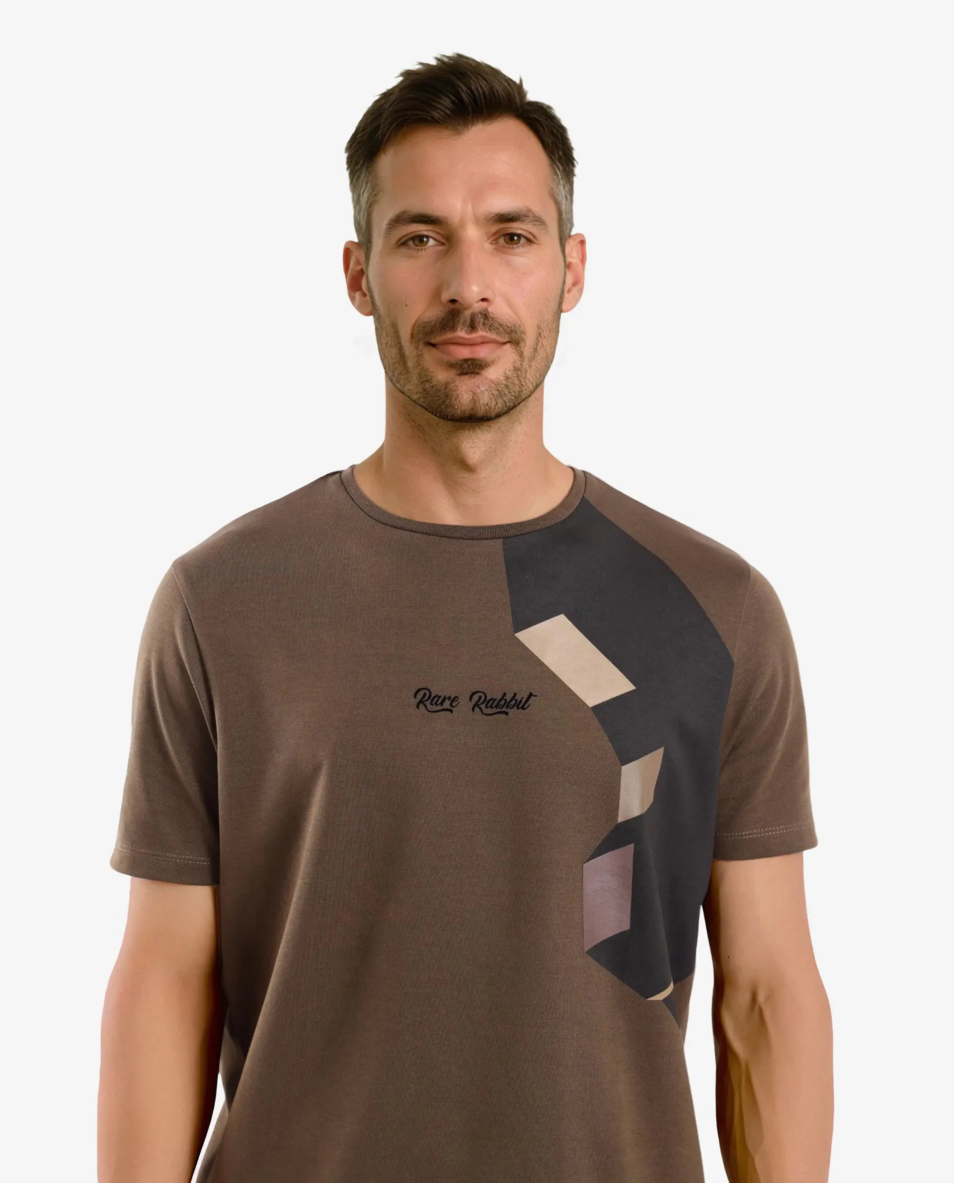 Rare Rabbit Men Antu Olive Cotton Polyester Fabric Short Sleeve Crew Neck Logo Print T-Shirt