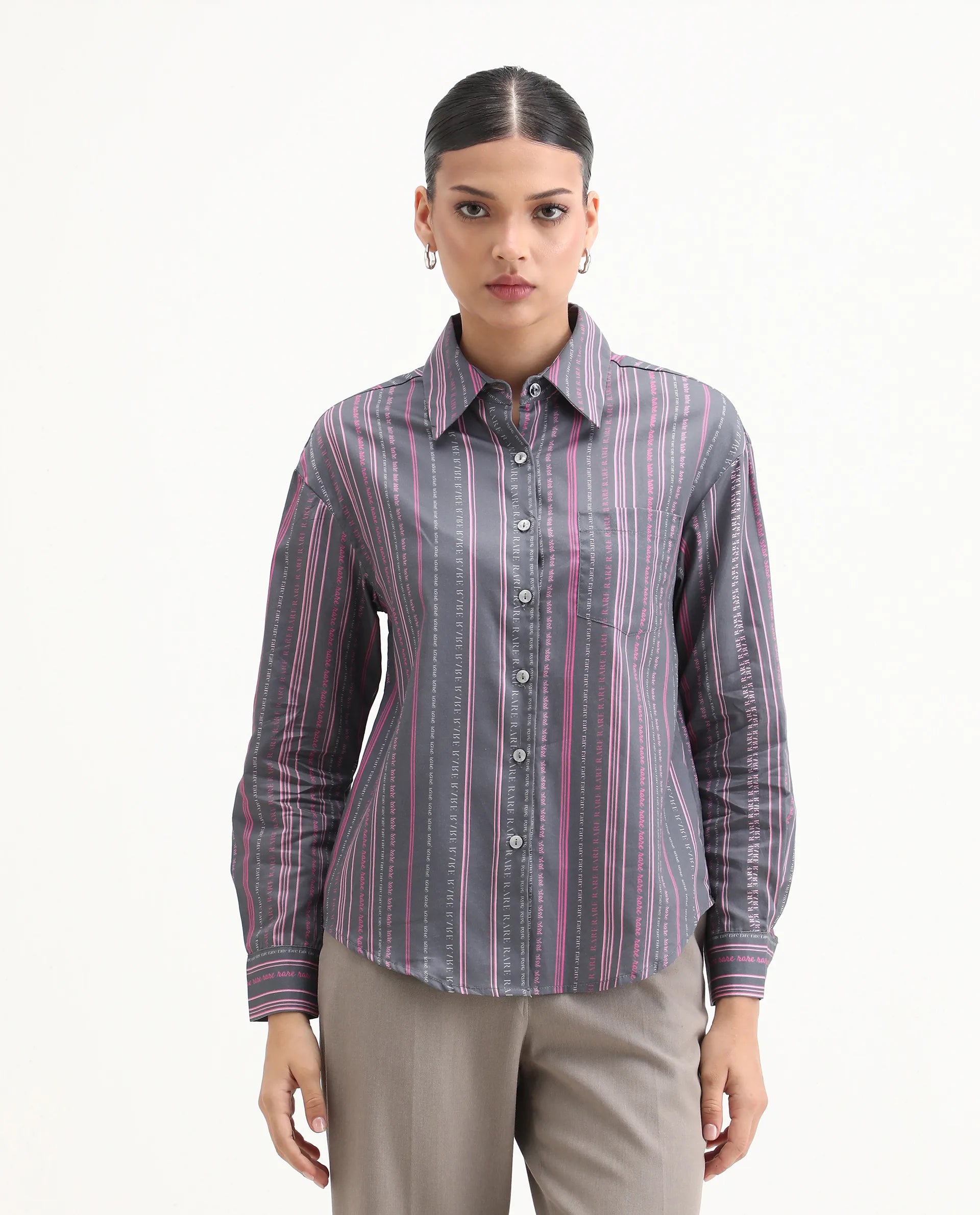 Rareism Women's Aodh Grey Cotton Blend Collared Striped Cuffed Sleeve Boxy Fit Top