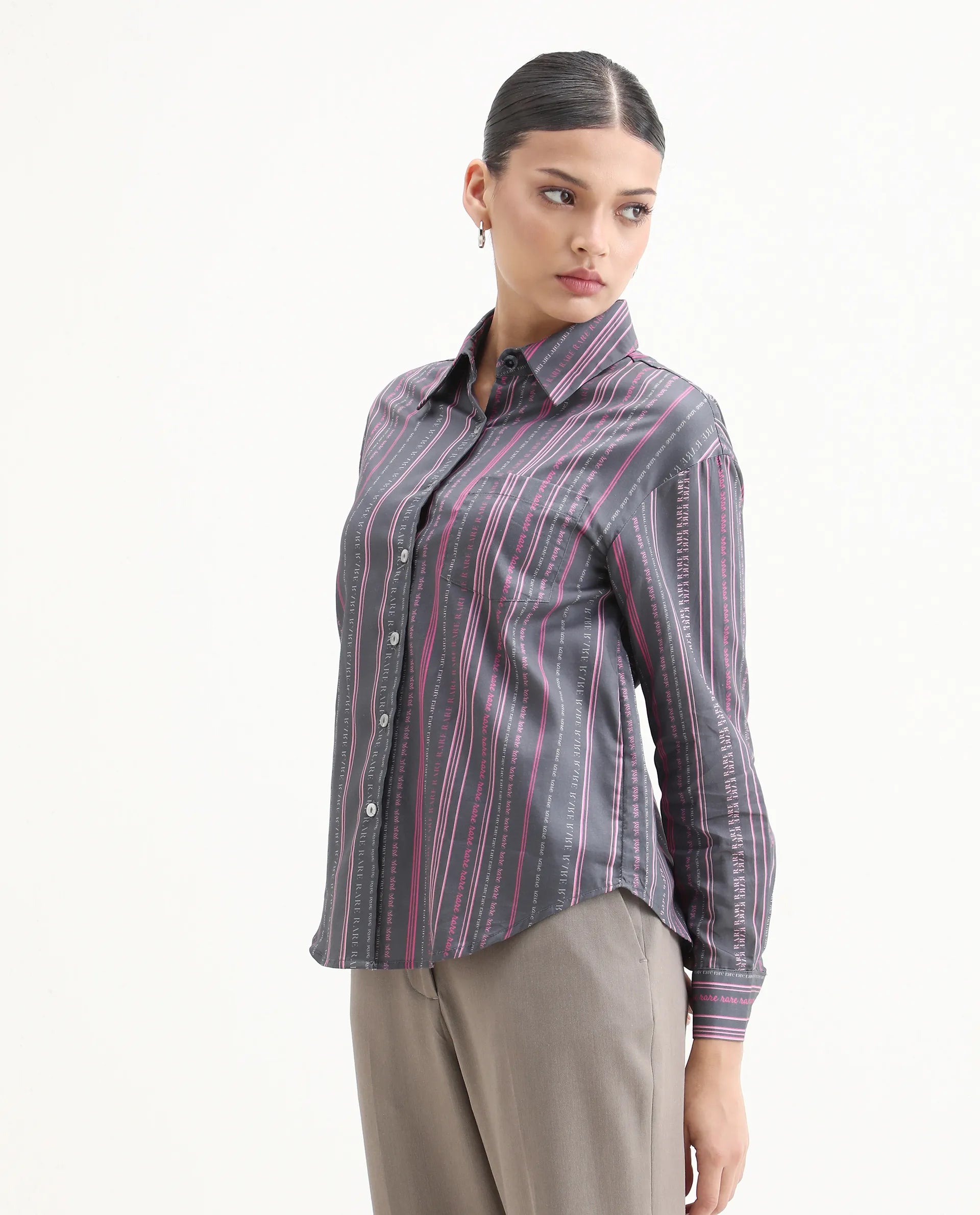 Rareism Women's Aodh Grey Cotton Blend Collared Striped Cuffed Sleeve Boxy Fit Top