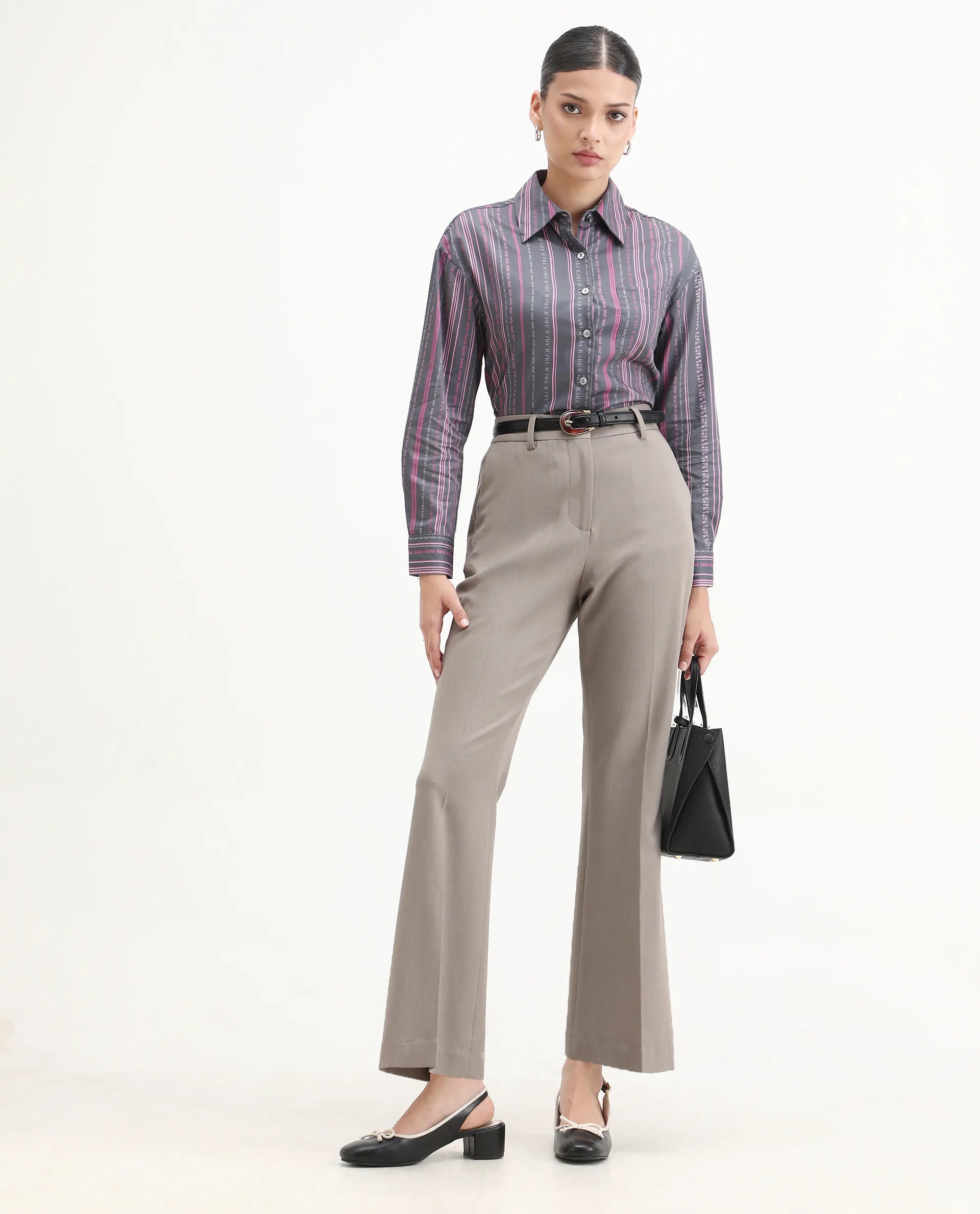 Rareism Women's Aodh Grey Cotton Blend Collared Striped Cuffed Sleeve Boxy Fit Top